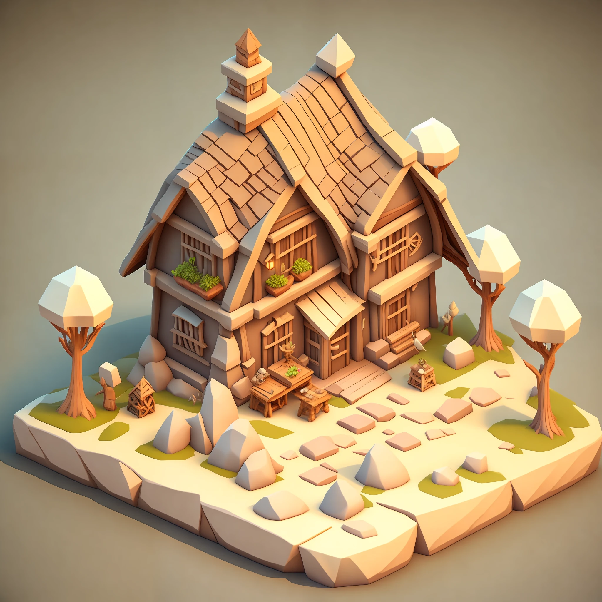 Isometric house, RPG style, cartoon, DnD, fantasy, mobile game, primitive man, animal bone, stone, wood