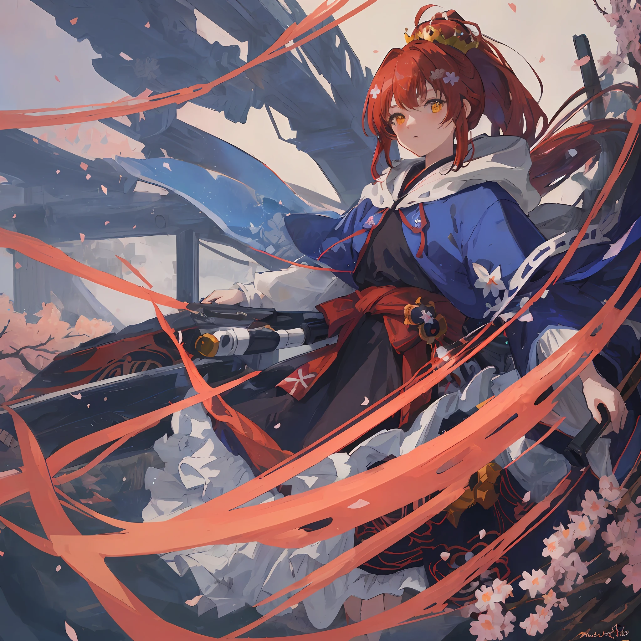 ultra detailed, best quality, masterpiece, 1girl, pelo rojo con mechas azules, hoodie, ropa japonesa, ponytail, floating crown, black crown, sakura trees, ultra detailed background, yellow eyes, beautiful face