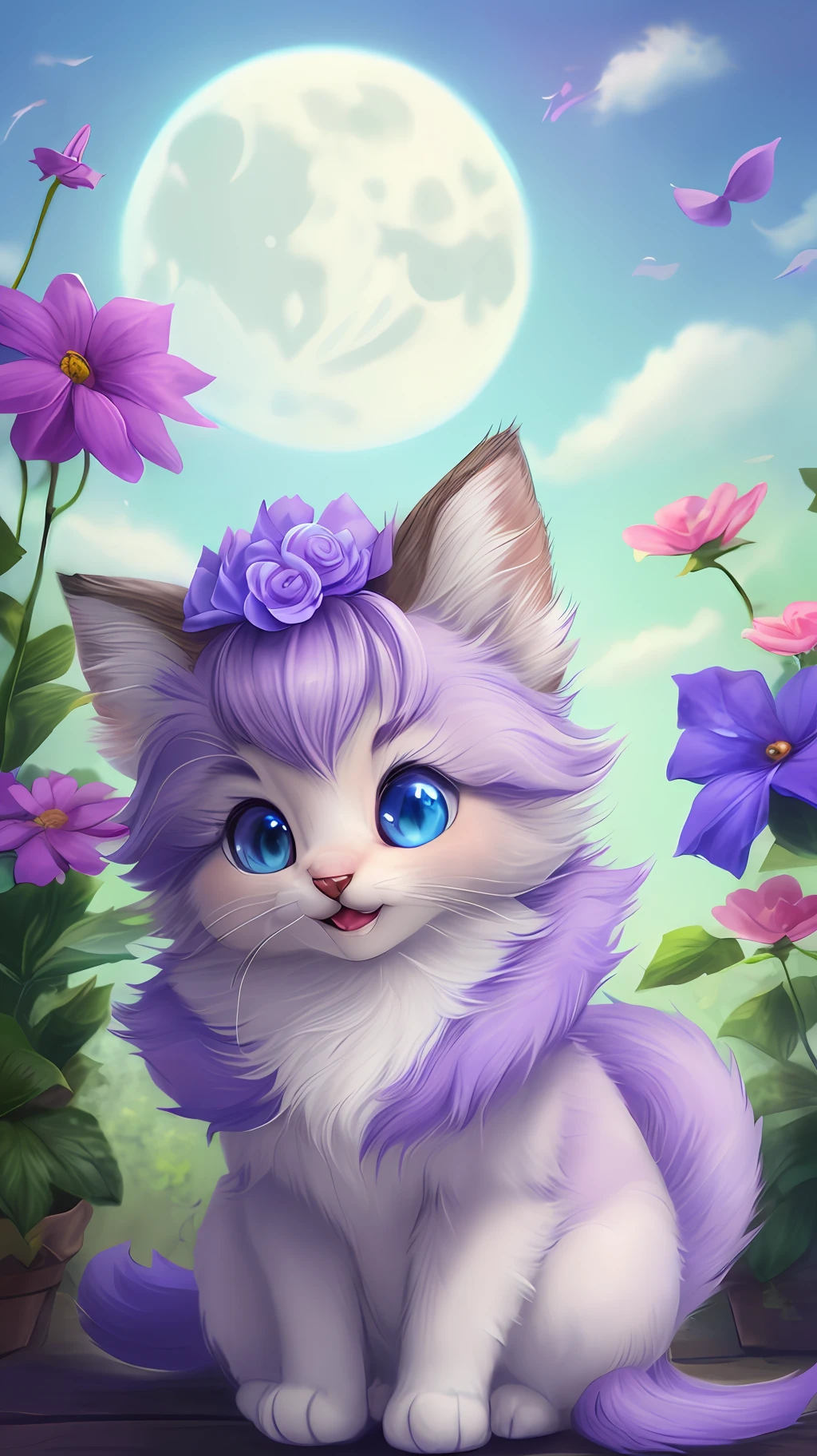 A kitten with a small tail, a small nose, small ears, blue eyes, purple background, flowers, vases, dreams, open mouth, smile, Caroline Chariot-Dayez pastels, tumblr, furry art, elokitty, Disney's Bambi, Disney's styled furry, ears floating, fluffy tail, fluffy '', fluffy !!!, high resolution, furry art!!! The moon, small in size