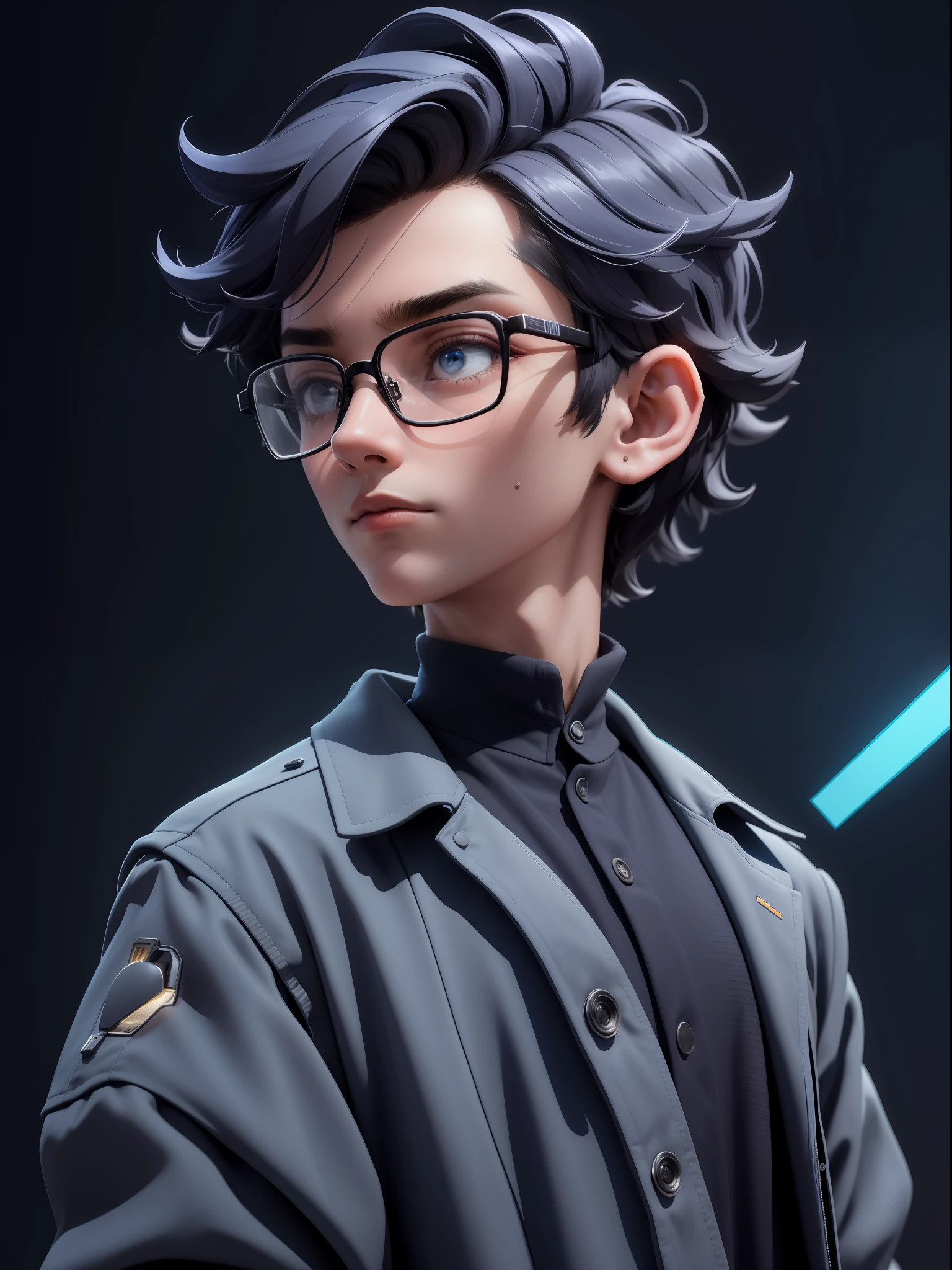 (Masterpiece: 1.5), (Best Quality: 1.5), High Resolution, Highly Detailed, 3DMM, A Boy, Soloist, Speaker, Leader, Wearing Glasses, Serious, Performance of Future Technology, Data, Low Contrast, Vivid Lighting, Atmospheric Depth, Superb Technology, Harmonious Composition, Creative Refinement, Striking Juxtaposition, Evocative Tones, Captivating Colors, Dramatic Lighting