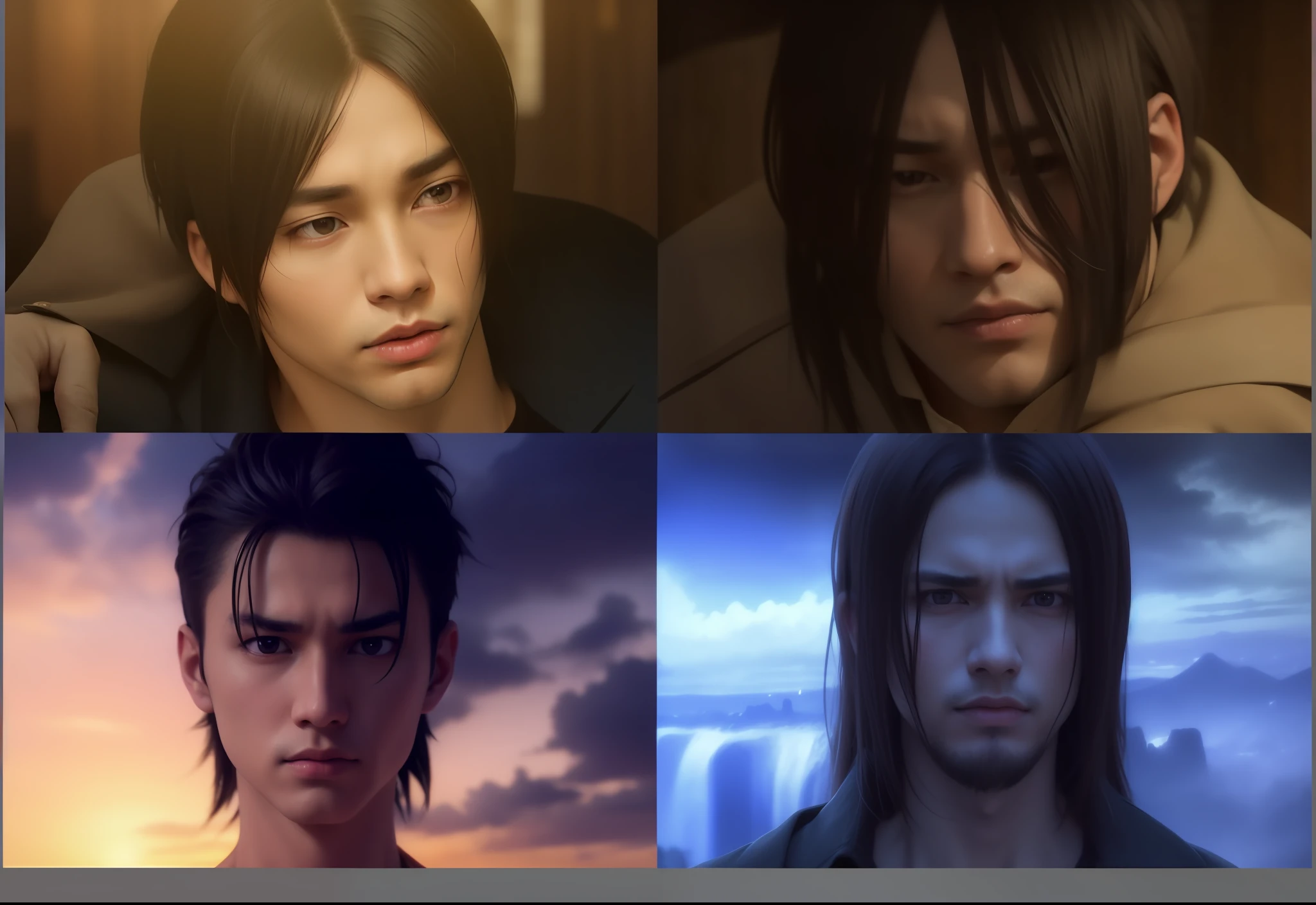 best quality, masterpiece, (realistic: 1.2), 1 man, Eren Jaeger, real life, live action, black jeans, brown hair, loose hair, long hair, attack on Titan, cold background, black jacket, slim body, high definition, high quality, sunset background