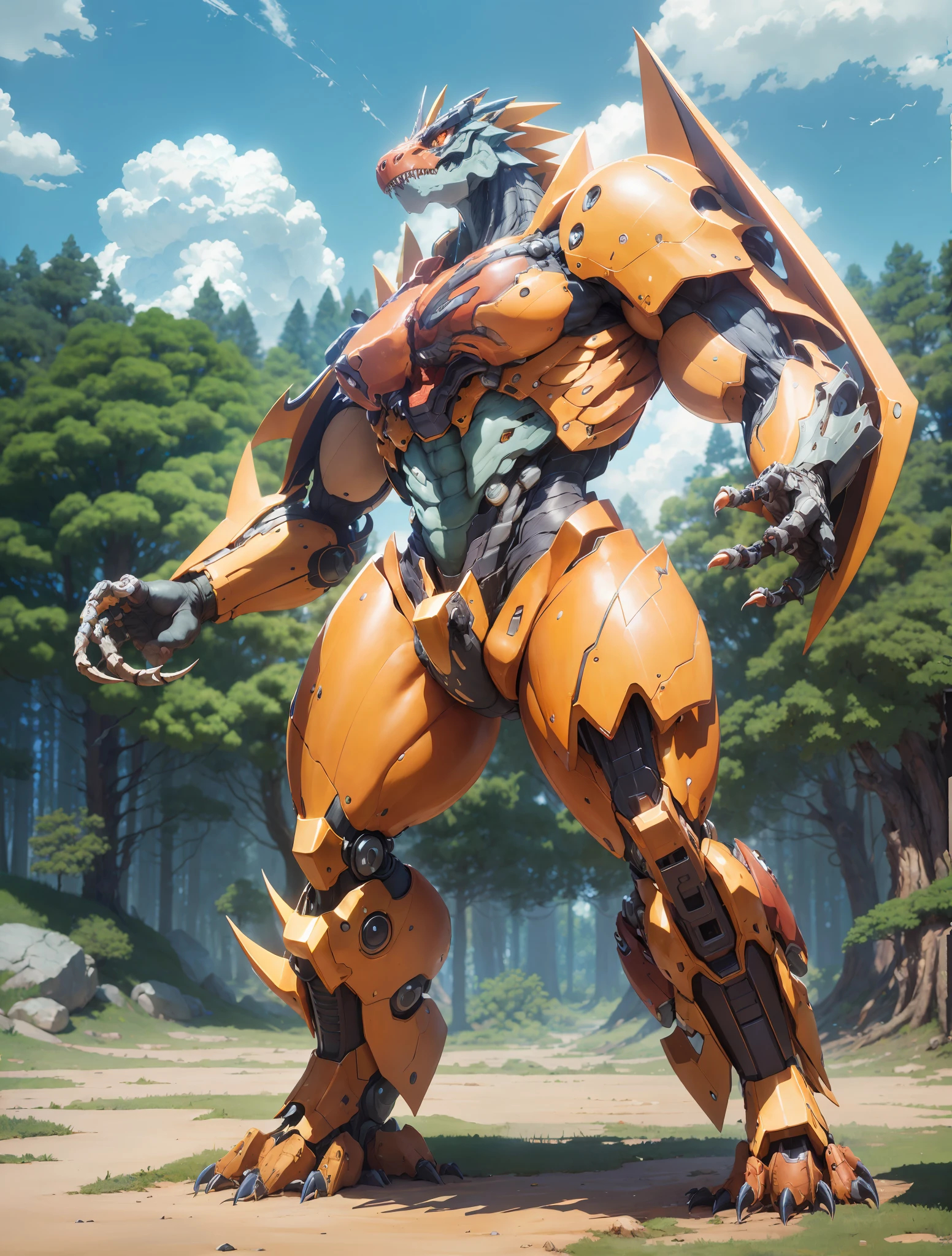 ((Masterpiece)), Best Quality, 8k wallpapers, ((Ultra Detailed + Strong)), Extremely refined and realistic, dynamic pose, a battle Tyrannosaurus Digimon 1.5 close-up standing in front of the forest, ((Creature Mech + Giant Anime Mech)), Flesh and Blood Link between Mecha Gaps, Epic Composition, Open Scenery, Mysterious Sky, Soft Colors, Detailed Cloudscape: 1.3, Mysterious Warm and Friendly Atmosphere, (High Resolution: 1.2) Cinematic Lighting, Realistic Shadows, Concept Art, Incredible shadows, Unreal Engine 5, --v 6