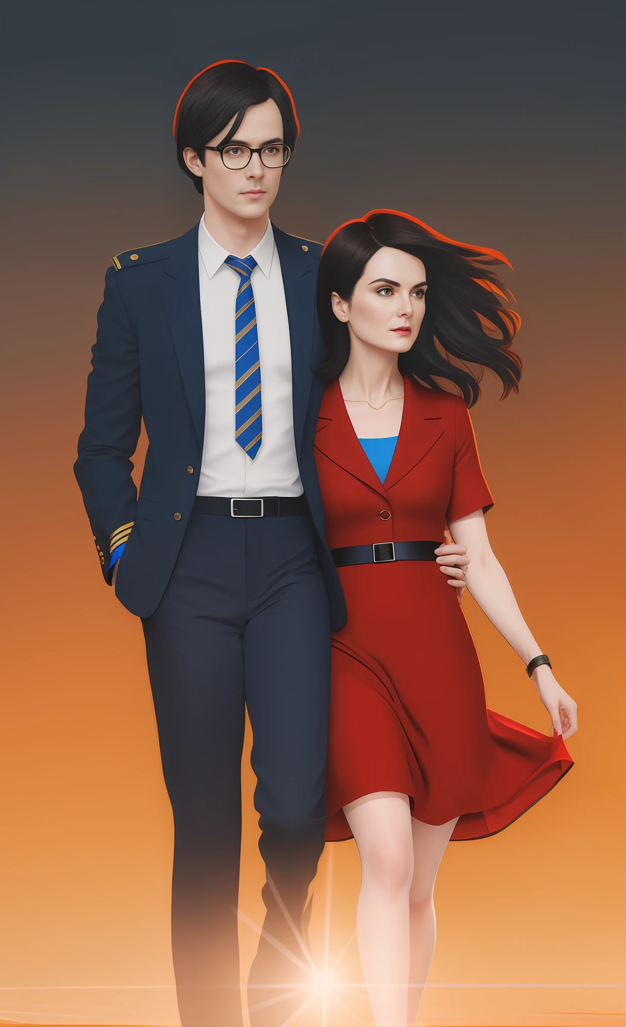 Michelle Dockery in a straight blue red dress with dark hair with a bob haircut,  Jason Butler Harner as a pilot in glasses with dark hair, a white shirt, a black jacket with yellow pilot stripes on the sleeves, black pants