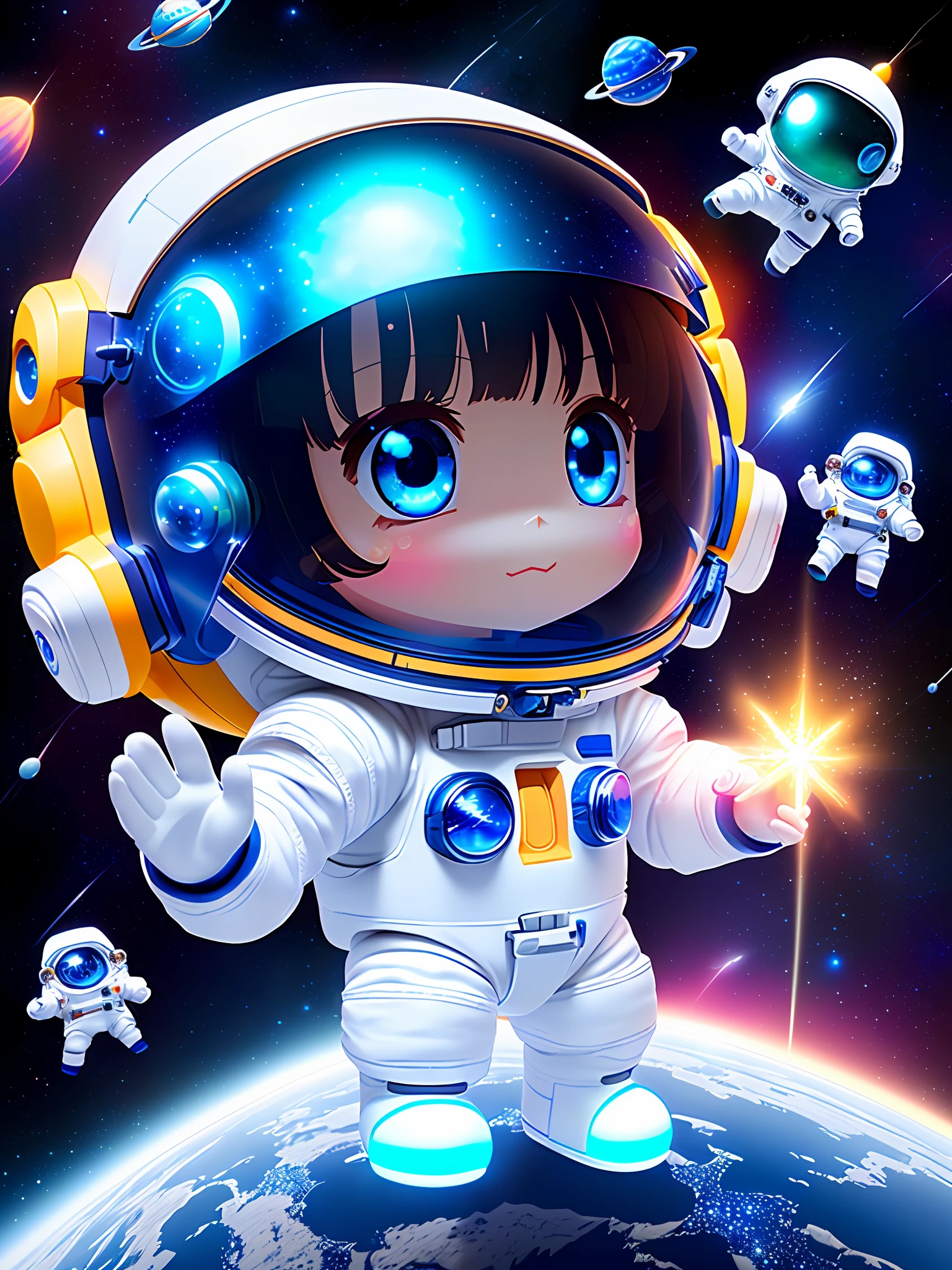 Super cute girl full body 3D picture, 1 pc, good looking eyes, big eyes, cute, happy, c4d, pop matt blind box, white long hair, glowing bubbles, toys, solid color background, chibi, fluorescent translucency, luminous body, kawaii, doll, (((astronaut, space cap, spacesuit))), reference table, pop mart blind box, Pixar, complex details, 3d rendering, blender, OC renderer, fol body reference sheet, Dribble, High Details, 8K, Studio Lighting, , Petite, Child, Chibi, SD characters: 1.1, starry sky background