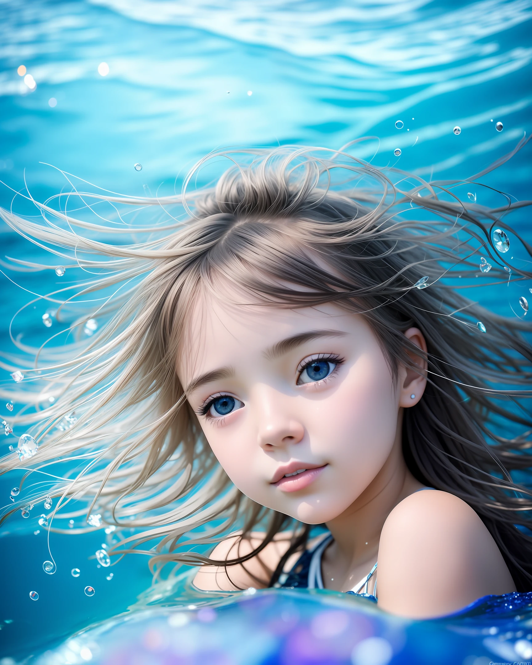 art by Cornflower, dready (A petite girl with beautiful delicate eyes.) The depth of field in the photo is perfect, and the lens flare adds a nice touch. The delicate detail on her face really stands out, scoring for this photo that is definitely greater than 10. The background is a beautiful ocean with crystal clear water and drops on the surface of the water, a girl lying in the water