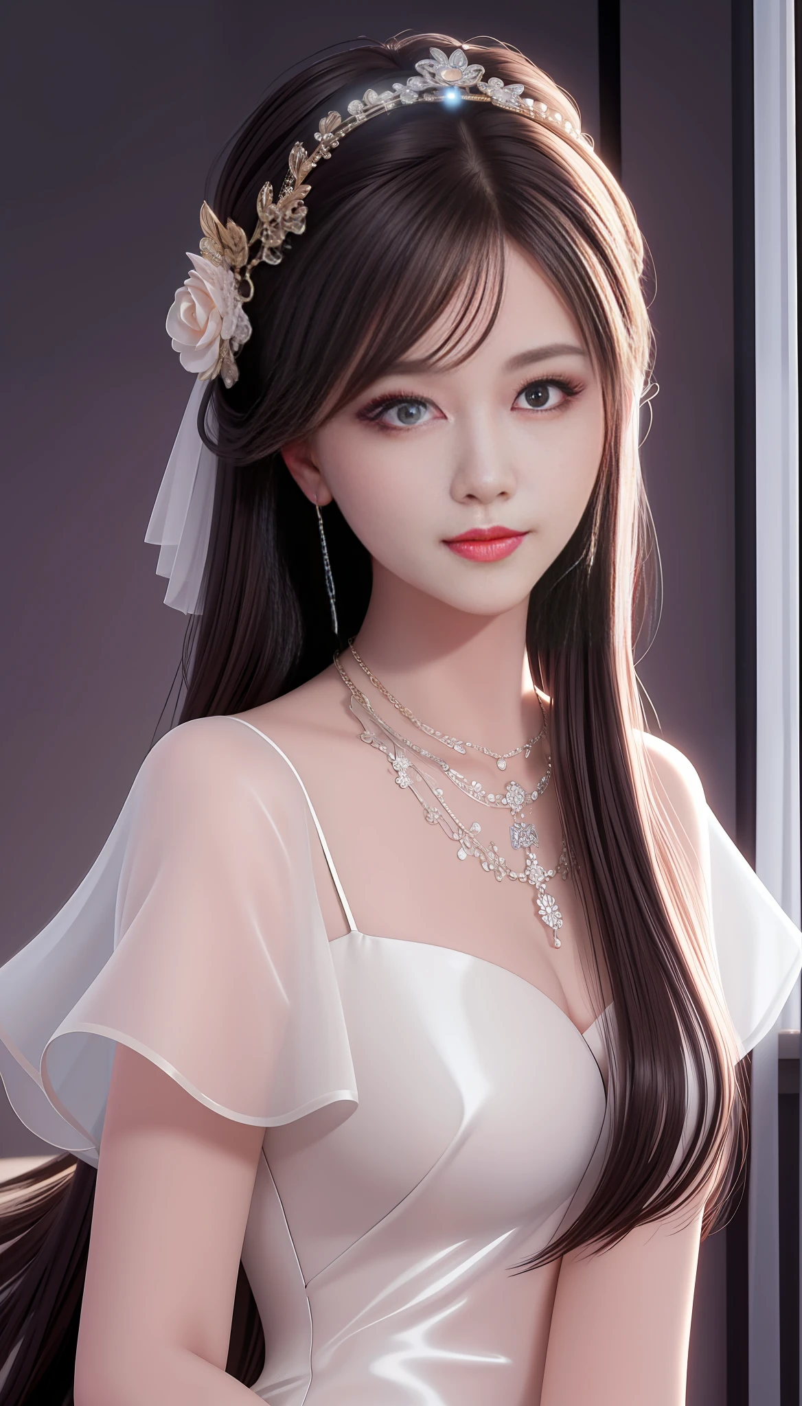 A woman in a white dress and a tiable with long hair - SeaArt AI