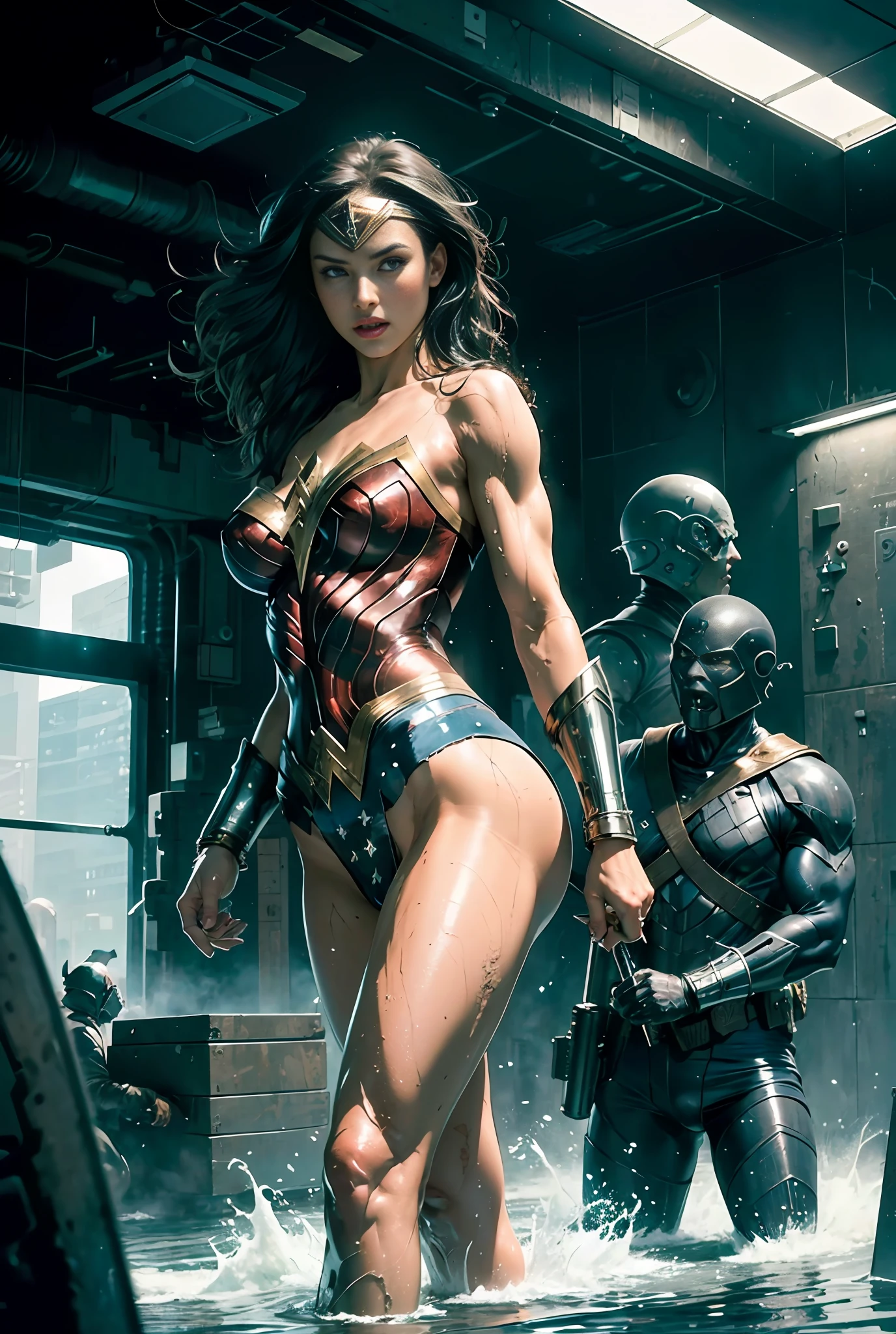 (Masterpiece, Top Quality),1girl ,{{Depth of field}}, Hyper detail, 1woman, (Victoria's Secret Model Wonder Woman), Single, Full Body, (Intricate Details, Makeup), (Delicate and beautiful delicate face, delicate and beautiful delicate eyes, face with perfect proportions), High-detail skin, delicate skin, Best proportions Four fingers and one thumb, strong and realistic blue eyes, realistic black hair, lips, makeup, natural skin texture, tiara, leotard, bulletproof cuffs, red boots, (public clothing:1.3), slightly sunburned, mature, sexy, elastic muscles, (muscles:1.3), ((strong and healthy body)), (((more) muscles))), wet body, wet hair, wet face, long legs, curved, thick thighs, wide buttocks, thin legs, (big breasts: 1.2), thin waist, soft waist, (delicate skin), (wet body: 1.0), (beautiful and sexy woman), (swollen lips: 0.9), (eyelashes: 1.2), very delicate muscle definition, bare handed, hold nothing on hand, LED panel lights arranged in a square shape to mimic existing interior fixtures, a flooded basement controlled by a local gang armed with hacked police weapons such as machine guns and taser shotguns, ((top quality)), ((masterpiece)), ((realistic)), (detailed), cinematic lighting, complex, high detail, sharp focus,
