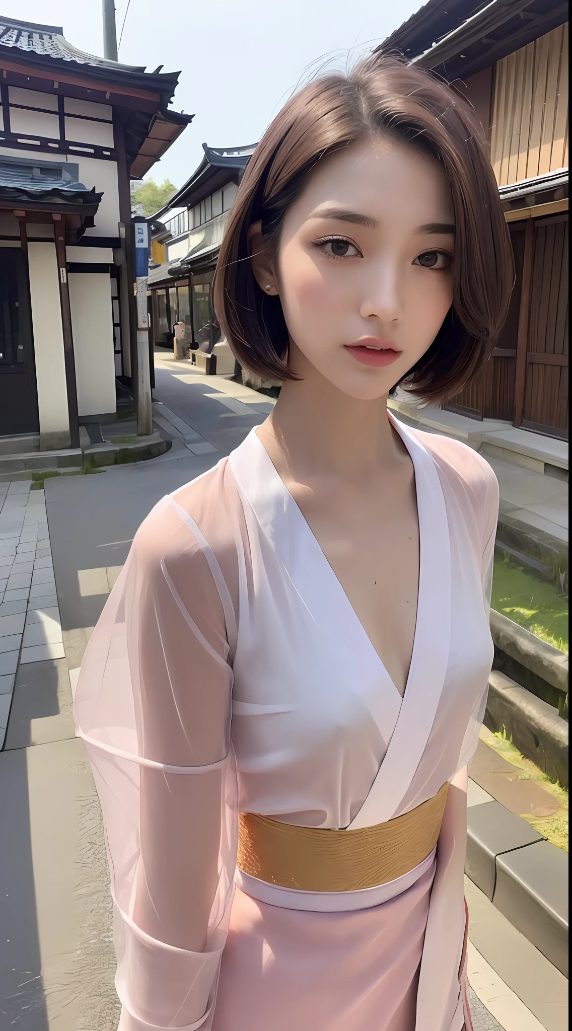 (Top Quality, 16k, Masterpiece: 1.3)), 1 Girl, Sharp Focus: 1.2, Beautiful Women with Perfect Figure: 1.4, Slender Abs: 1.2, (((Short Bob Hair)), ((Small: 1.4)), ((Beautiful Face Idol: 1.3)), (Transparent Fabric Kimono 1.5)), Highly Detailed Face and Skin Texture, Detailed Eyes, Double Eyelids, (((Pause)), (Seductive)), Walking, Kyoto Streetscape