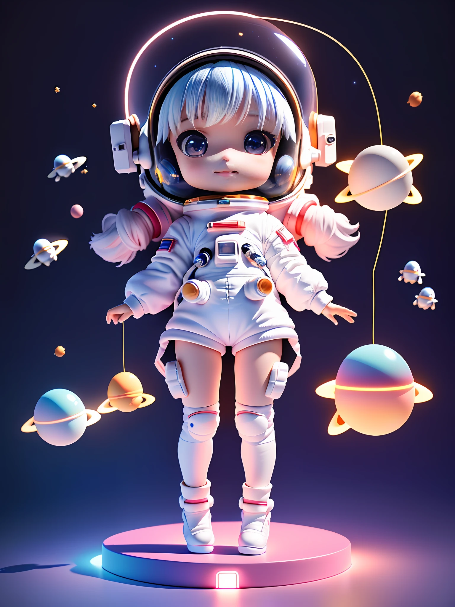 Super cute girl full body 3D picture, 1 pc, good looking eyes, big eyes, cute, happy, c4d, pop matt blind box, white long hair, glowing bubbles, toys, solid color background, chibi, fluorescent translucency, luminous body, kawaii, doll, (((astronaut, space cap, spacesuit))), reference table, pop mart blind box, Pixar, complex details, 3d rendering, blender, OC renderer, fol body reference sheet, Dribble, High Details, 8K, Studio Lighting, Loli, Petite, Child, Chibi, SD characters: 1.1, starry sky background