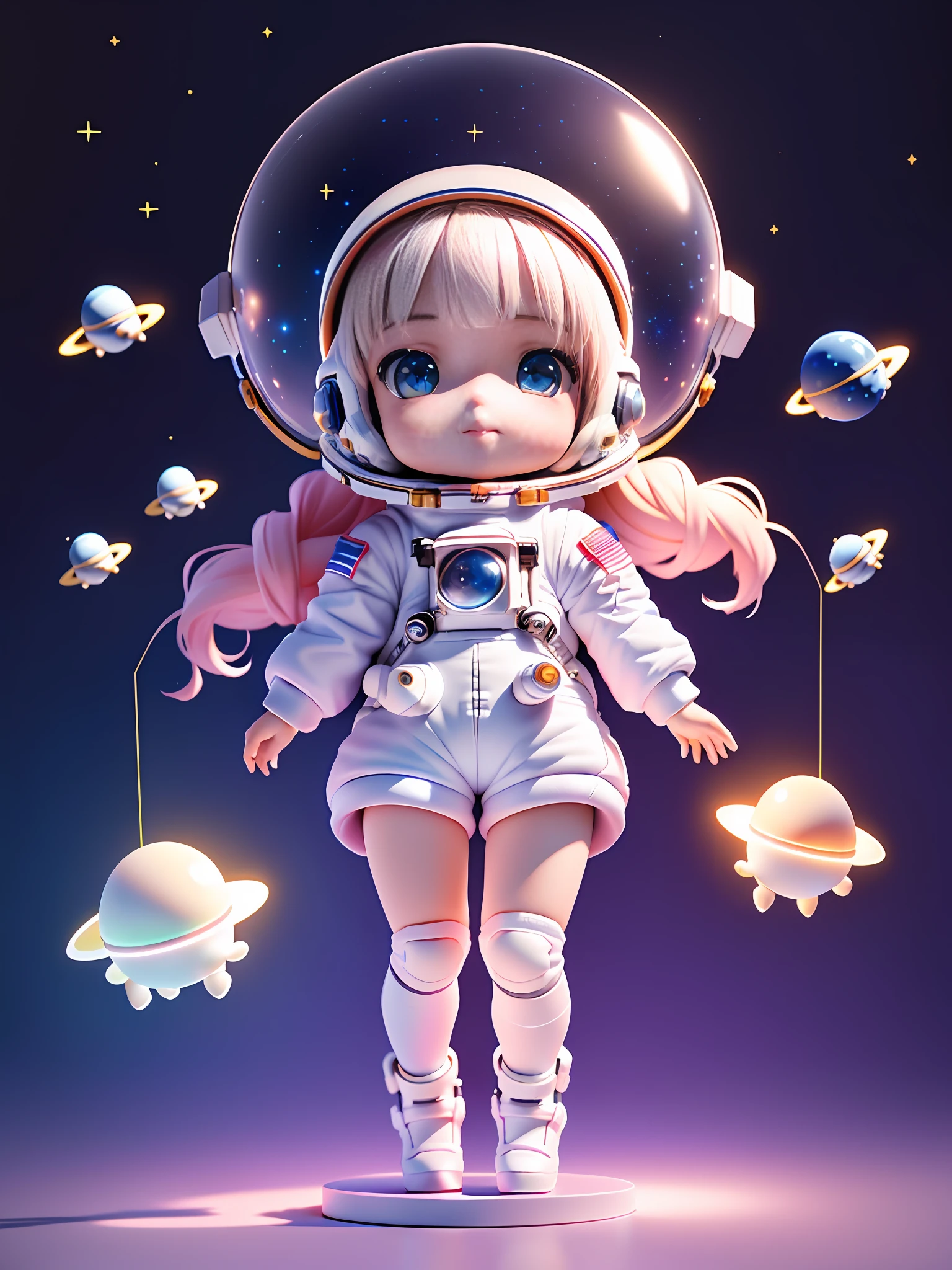Super cute girl full body 3D picture, 1 pc, good looking eyes, big eyes, cute, happy, c4d, pop matt blind box, white long hair, glowing bubbles, toys, solid color background, chibi, fluorescent translucency, luminous body, kawaii, doll, (((astronaut, space cap, spacesuit))), reference table, pop mart blind box, Pixar, complex details, 3d rendering, blender, OC renderer, fol body reference sheet, Dribble, High Details, 8K, Studio Lighting, Loli, Petite, Child, Chibi, SD characters: 1.1, starry sky background