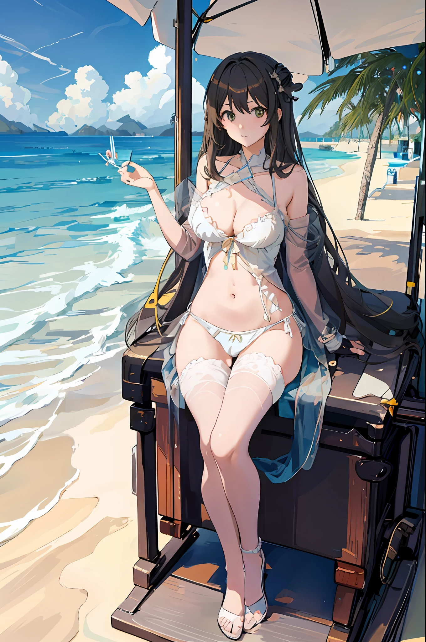 anime girl in white lingerie sitting on a beach chair, seductive anime girl, beautiful alluring anime woman, in the beach, guweiz, artwork in the style of guweiz, at the beach, on a sunny beach, beautiful anime girl, at a beach, on a beach, beautiful anime woman, guweiz on pixiv artstation