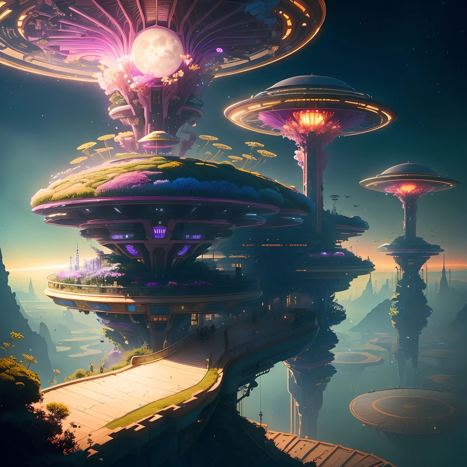 An anthill at a floating station to which a staircase to the sky leads, floral botanical cyberpunk, a flying saucer UFO, under the moon, 16k