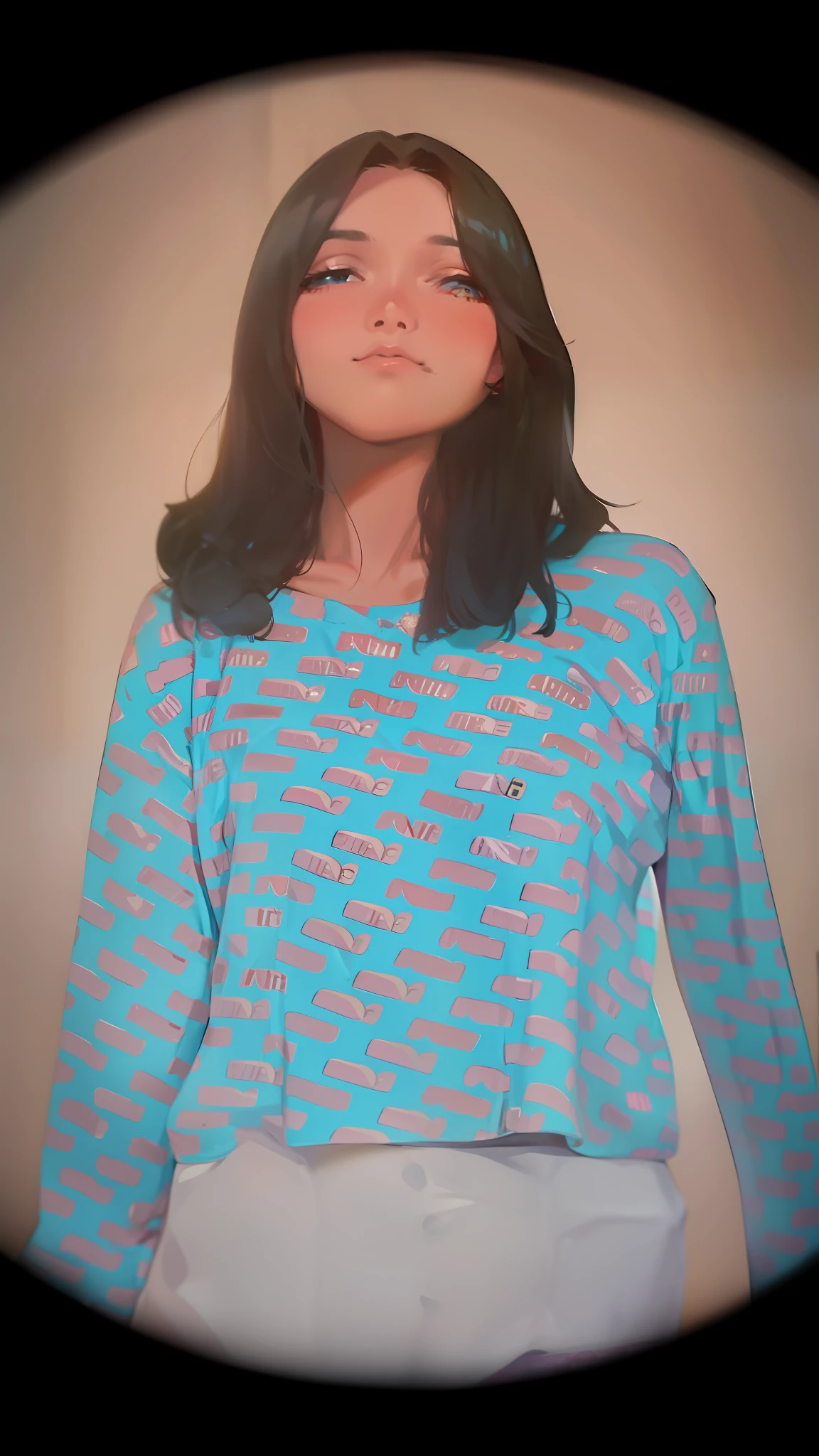 arafed woman with long black hair wearing a blue and pink shirt, sleepwear, wearing a designer top, music video, wearing pajamas, wearing a baggy pajamas, leaked image, blue tunic, inspired by Jean-Étienne Liotard, youtube video screenshot, smooth in _ the background, blue sweater, still from a music video, leaked footage