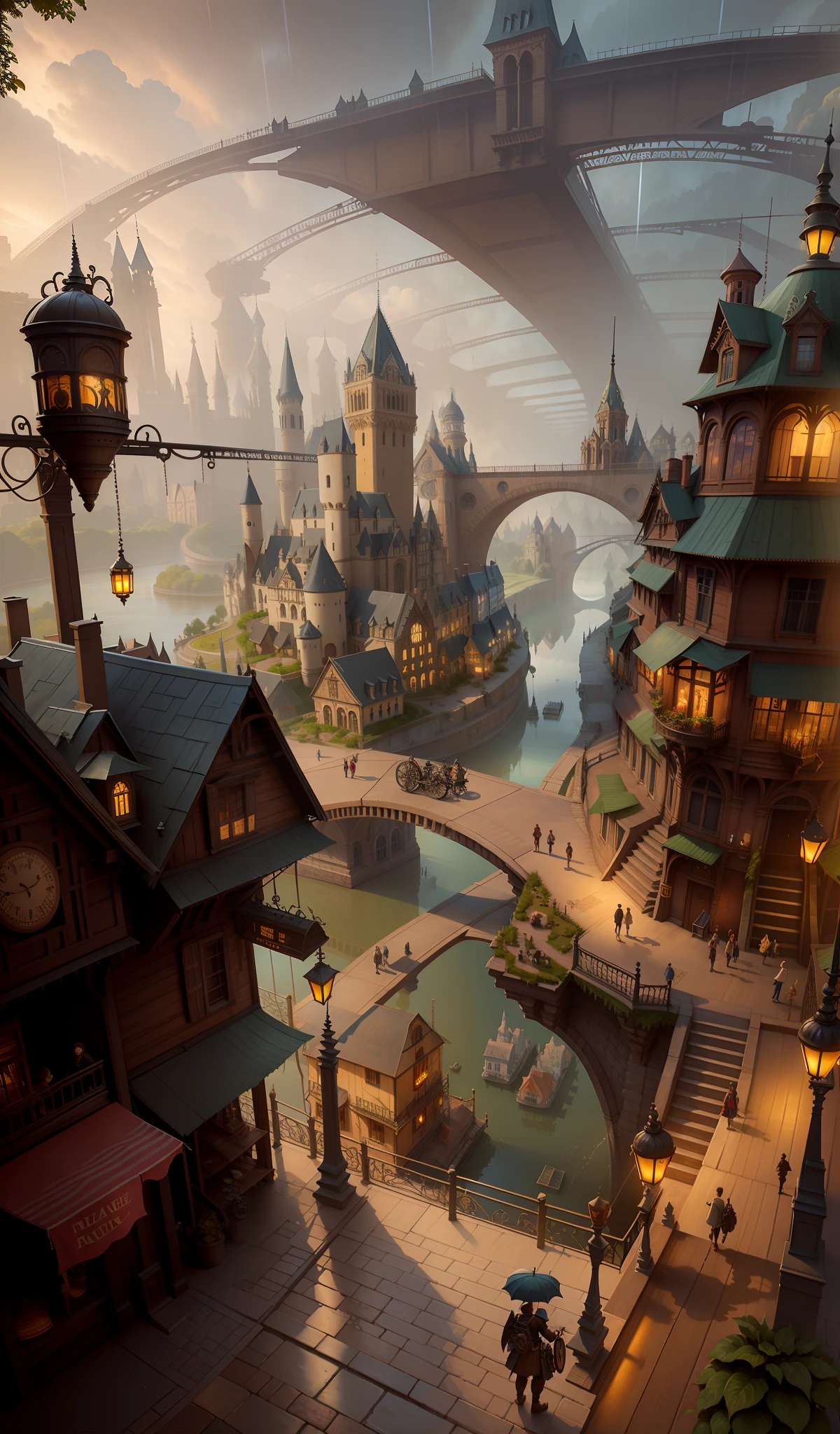 there is a painting of a town with a bridge and a river, Parisian architecture , domes, French fantasy town, market and stores, people, trees and plants, rain, reflections, dirt, fantasy town setting, steampunk villages castles, by Aleksander Gine, senior concept artist, andreas rocha style, detailed digital concept art, flintlock fantasy capital city, a bustling magical town, ancient steampunk city, victorian steampunk city vista, beautiful 3 d concept art