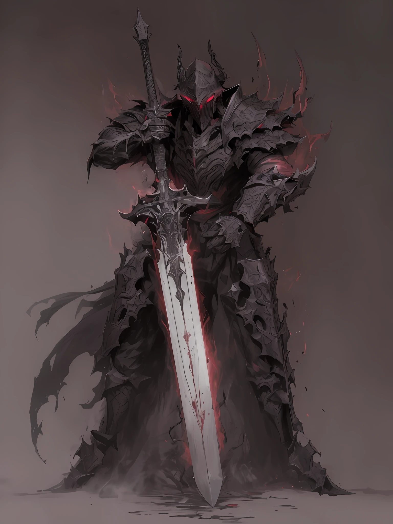 Close up of a demonic man holding a sword, evil knight, blood knight, dark souls knight, dark souls art style, fantasy knight, powerful fantasy knight, dark soul knight, horror knight, epic fantasy digital art style, fallen knight, dragon knight, cinder king, undead knight, dark souls style, epic fantasy weapon art, dark souls concept, 4K, model