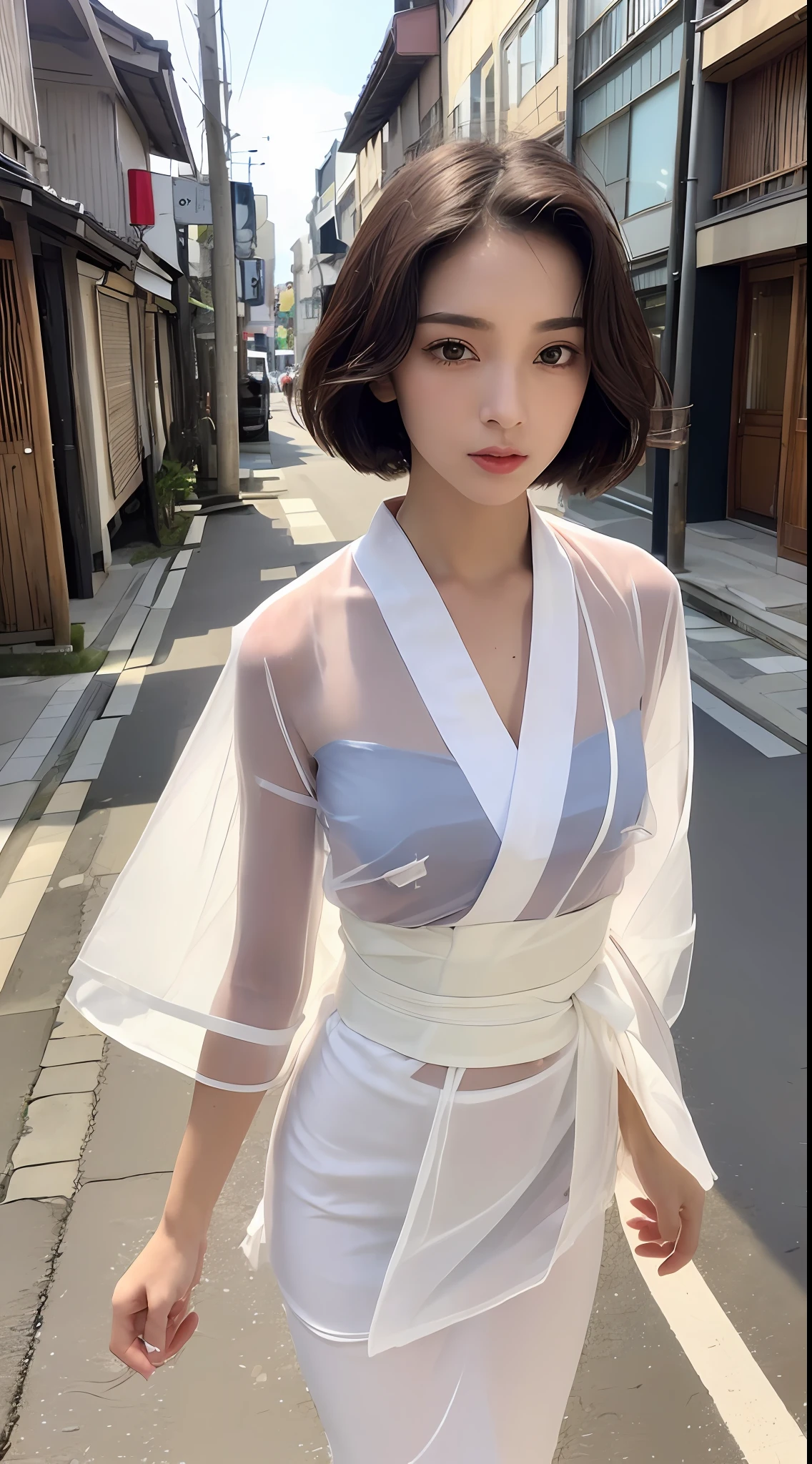 (Top Quality, 16k, Masterpiece: 1.3)), 1 Girl, Sharp Focus: 1.2, Beautiful Women with Perfect Figure: 1.4, Slender Abs: 1.2, (((Short Bob Hair)), ((Small: 1.4)), ((Beautiful Face Model: 1.3)), ((White Kimono of Transparent Fabric: 1.5)), Highly Detailed Face and Skin Texture, Detailed Eyes, Double Eyelids, (((Pause)), (Seductive)), Walking, Kyoto Streetscape