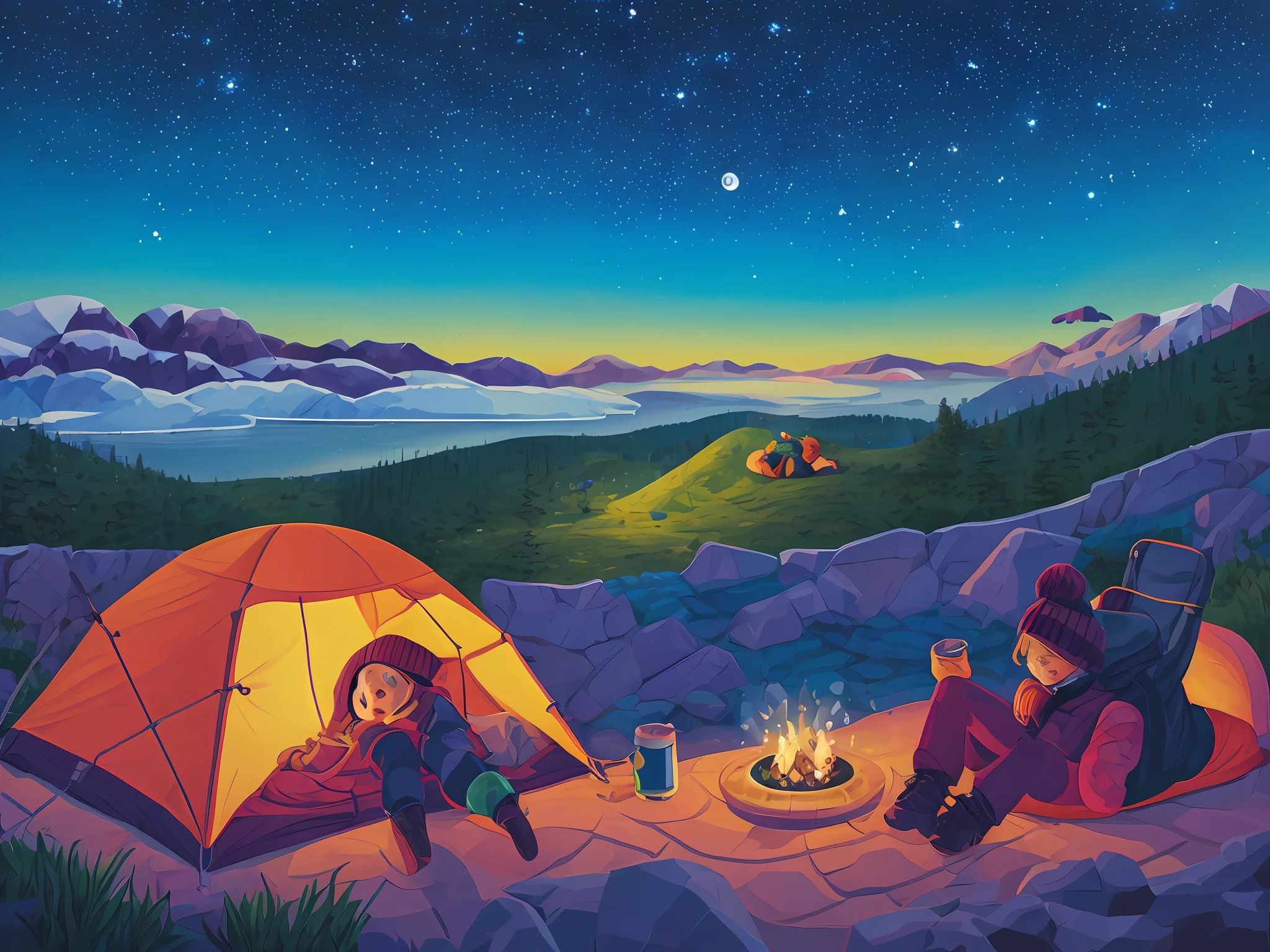 masterpiece, best quality, ultra-detailed, illustration, 1girl, solo, outdoors, camping, night, mountains, nature, stars, moon, bonfire, tent, twin ponytails, green eyes, cheerful, happy, backpack, sleeping bag, camping stove, water bottle, mountain boots, gloves, sweater, hat, flashlight, forest, rocks, river, wood, smoke, shadows, contrast, clear sky, constellations, Milky Way, peaceful, serene, quiet, tranquil, remote, secluded, adventurous, exploration, escape, independence, survival, resourcefulness, challenge, perseverance, stamina, endurance, observation, intuition, adaptability, creativity, imagination, artistry, inspiration, beauty, awe, wonder, gratitude, appreciation, relaxation, enjoyment, rejuvenation, mindfulness, awareness, connection, harmony, balance, texture, detail, realism, depth, perspective, composition, color, light, shadow, reflection, refraction, tone, contrast, foreground, middle ground, background, naturalistic, figurative, representational, impressionistic, expressionistic, abstract, innovative, experimental, unique