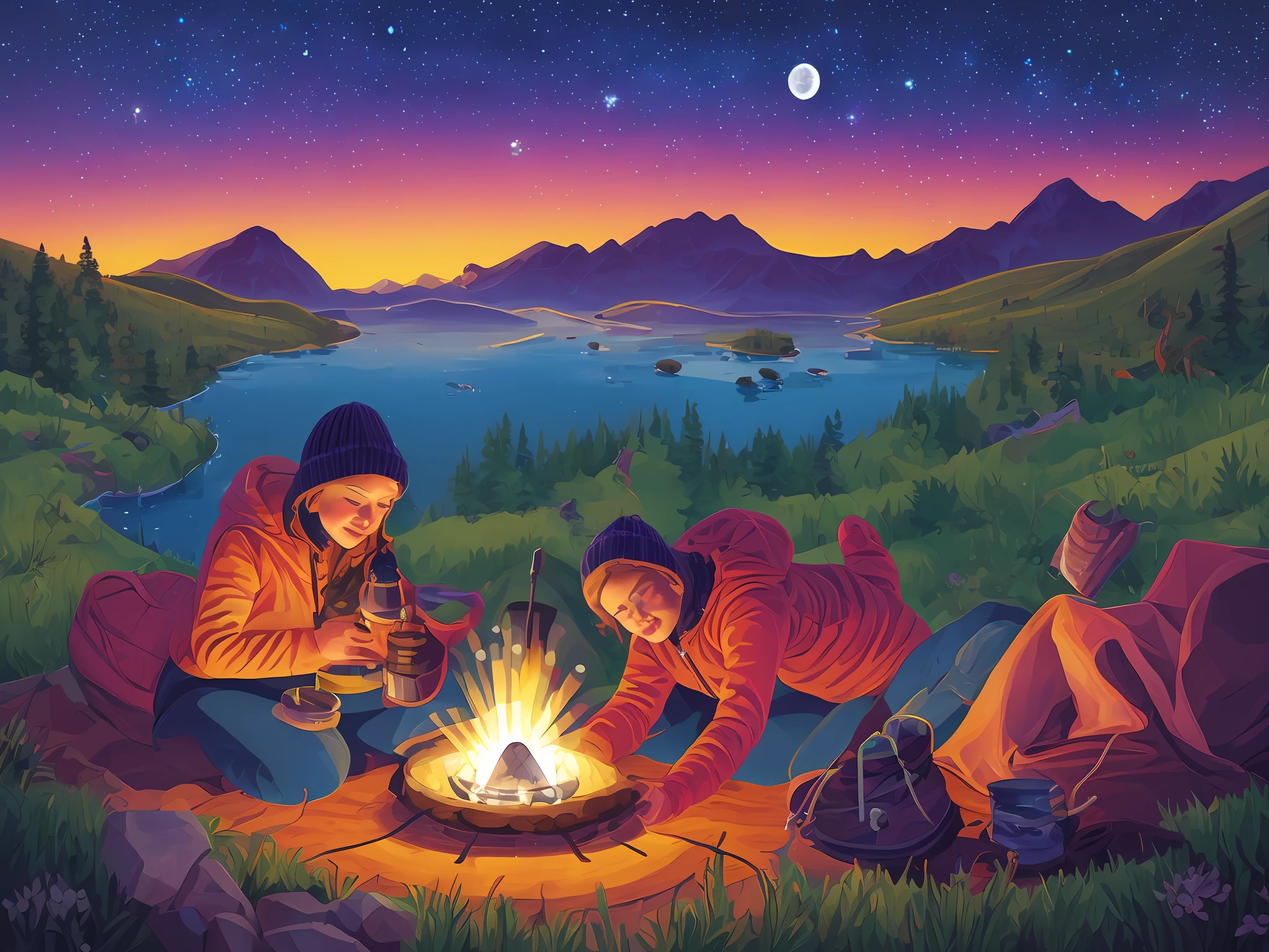 masterpiece, best quality, ultra-detailed, illustration, 1girl, solo, outdoors, camping, night, mountains, nature, stars, moon, bonfire, tent, twin ponytails, green eyes, cheerful, happy, backpack, sleeping bag, camping stove, water bottle, mountain boots, gloves, sweater, hat, flashlight, forest, rocks, river, wood, smoke, shadows, contrast, clear sky, constellations, Milky Way, peaceful, serene, quiet, tranquil, remote, secluded, adventurous, exploration, escape, independence, survival, resourcefulness, challenge, perseverance, stamina, endurance, observation, intuition, adaptability, creativity, imagination, artistry, inspiration, beauty, awe, wonder, gratitude, appreciation, relaxation, enjoyment, rejuvenation, mindfulness, awareness, connection, harmony, balance, texture, detail, realism, depth, perspective, composition, color, light, shadow, reflection, refraction, tone, contrast, foreground, middle ground, background, naturalistic, figurative, representational, impressionistic, expressionistic, abstract, innovative, experimental, unique
