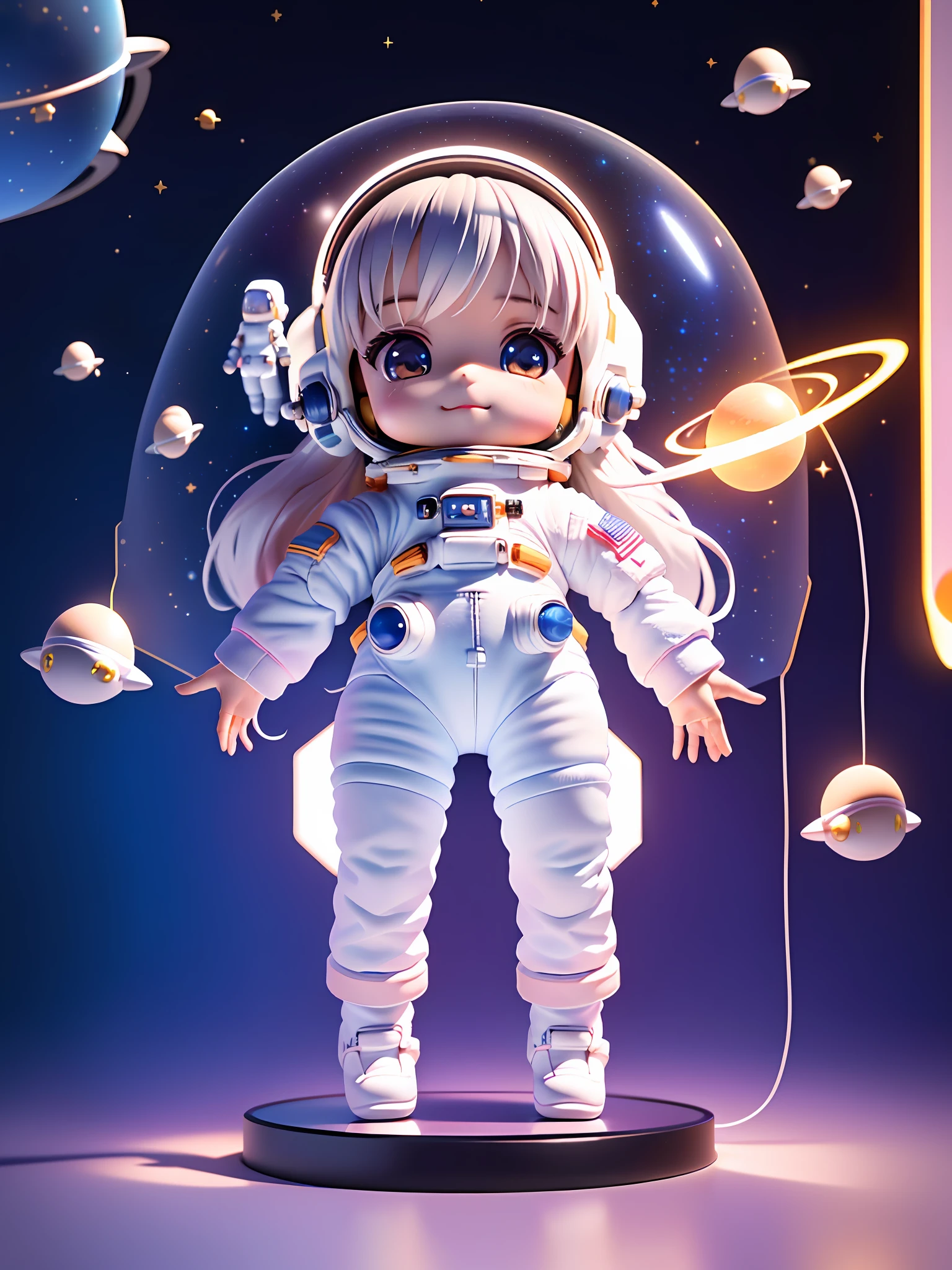Super cute girl full body 3D picture, 1 pc, good looking eyes, big eyes, cute, happy, c4d, pop matt blind box, white long hair, glowing bubbles, toys, solid color background, chibi, fluorescent translucency, luminous body, kawaii, doll, (((astronaut, space cap, spacesuit))), reference table, pop mart blind box, Pixar, complex details, 3d rendering, blender, OC renderer, fol body reference sheet, Dribble, High Details, 8K, Studio Lighting, Loli, Petite, Child, Chibi, SD characters: 1.1, starry sky background