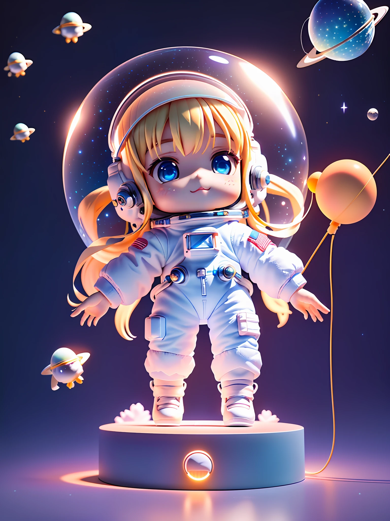 Super cute girl full body 3D picture, 1 pc, good looking eyes, big eyes, cute, happy, c4d, pop matt blind box, white long hair, glowing bubbles, toys, solid color background, chibi, fluorescent translucency, luminous body, kawaii, doll, (((astronaut, space cap, spacesuit))), reference table, pop mart blind box, Pixar, complex details, 3d rendering, blender, OC renderer, fol body reference sheet, Dribble, High Details, 8K, Studio Lighting, Loli, Petite, Child, Chibi, SD characters: 1.1, starry sky background