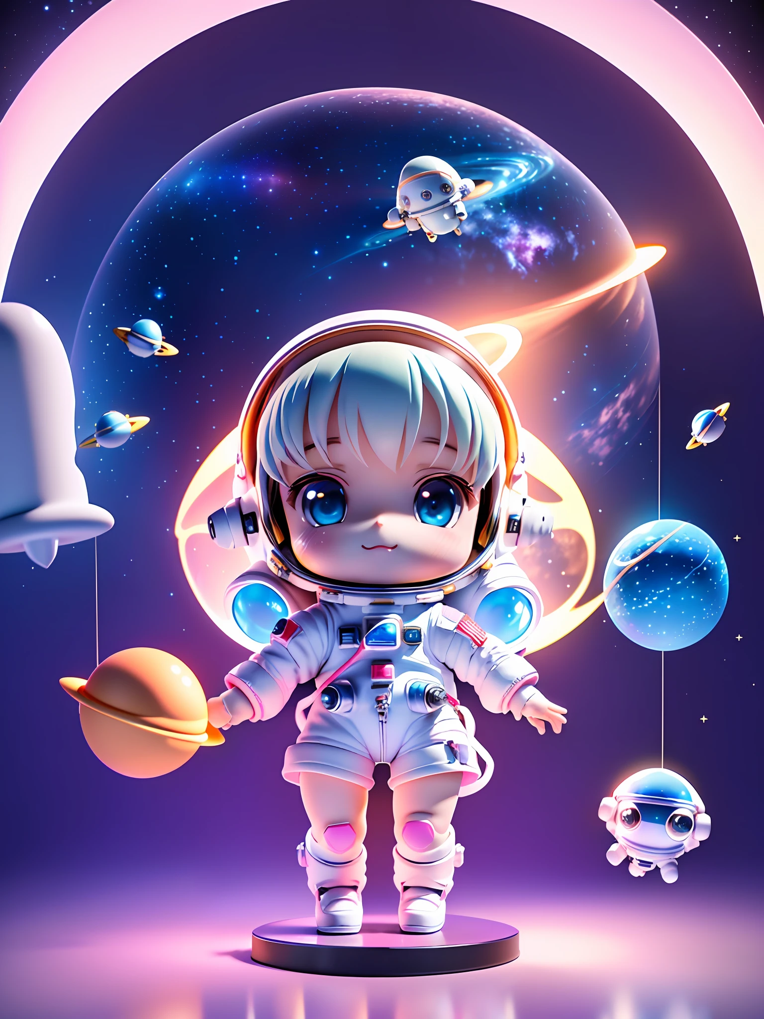 Super cute girl full body 3D picture, 1 pc, good looking eyes, big eyes, cute, happy, c4d, pop matt blind box, white long hair, glowing bubbles, toys, solid color background, chibi, fluorescent translucency, luminous body, kawaii, doll, (((astronaut, space cap, spacesuit))), reference table, pop mart blind box, Pixar, complex details, 3d rendering, blender, OC renderer, fol body reference sheet, Dribble, High Details, 8K, Studio Lighting, Loli, Petite, Child, Chibi, SD characters: 1.1, starry sky background