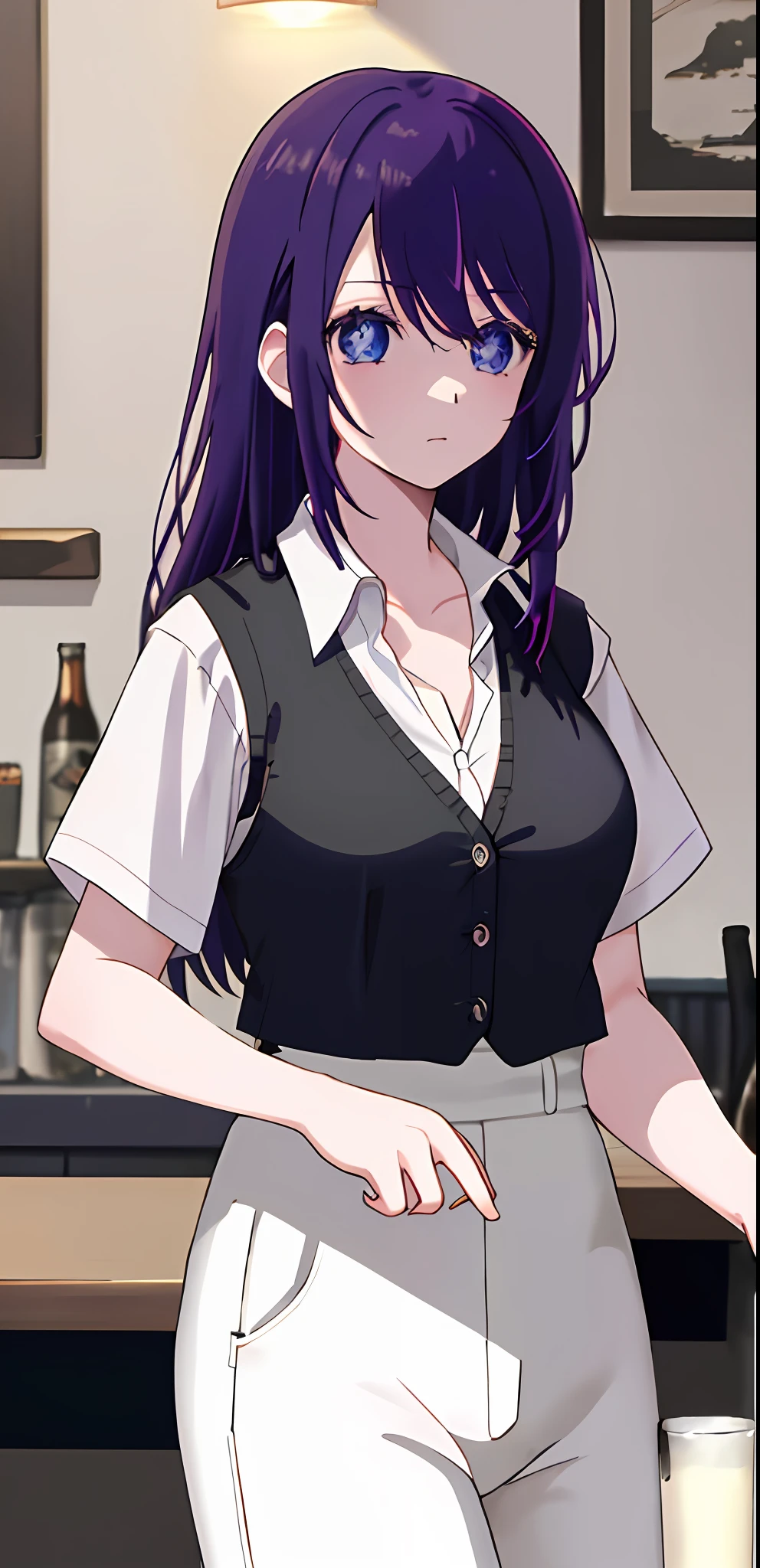 1girl, solo, (((solo))), tied up purple hair, plump youthful face, white button-down, short sleeves, black vest, black pants, black pants, dark pants, not white pants, highres, a little collarbone, medium breasts, holding a beer glass, blue eyes, confident expression, anime style, in a pub, vest with buttons