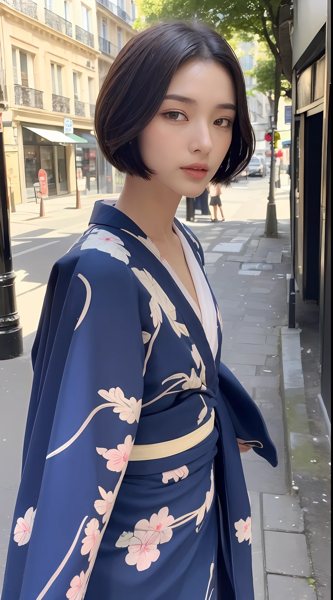 (Top Quality, 16k, Masterpiece: 1.3)), 1 Girl, Sharp Focus: 1.2, Beautiful Women with Perfect Figure: 1.4, Slender Abs: 1.2, (((Short Bob Hair)), ((Small: 1.4)), ((Beautiful Face Idol: 1.3)), (Transparent Fabric Kimono 1.5)), Highly Detailed Face and Skin Texture, Detailed Eyes, Double Eyelids, (((Pause)), (Seductive)), Walking, Streets of Paris