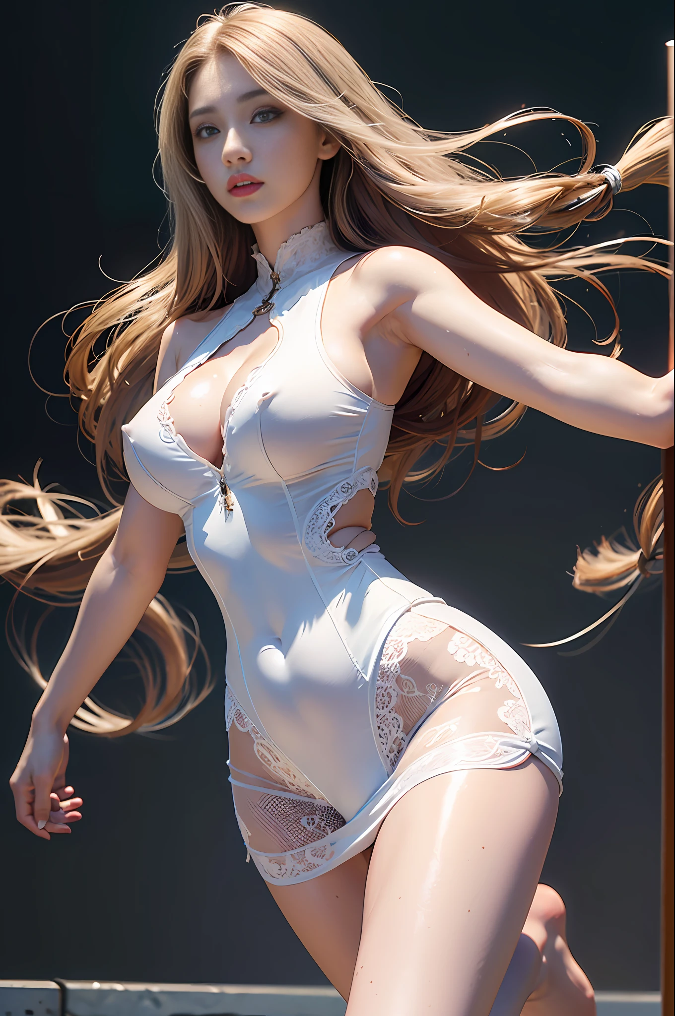 (hyper-realistic), (illustration), (high resolution), (8K), (extremely detailed), (best illustration), (beautiful detailed eyes), (best quality), (ultra-detailed), (masterpiece), (wallpaper), (detailed face), solo 1 girl, white wavy hair, Korean, heterochromic eyes, small moles under the eyes, baggy white shirt, yoga pants, large breasts, long legs, tight abs, camel's fingers, dynamic pose,photorealistic, ultra high resolution, intricate, hyperdetailed, (skindentation), cute, feminine, detailed body, (detailed face: 1.1), (outlined iris), (hydrocolor lenses), (perfect eyes), 4k, gorgeous, (masterpiece: 1.2), (best quality:1.2), wide hips, thick thighs, (large breasts:1.2) and (huge breasts:1.2), dress, seductive pose,mini skirt.