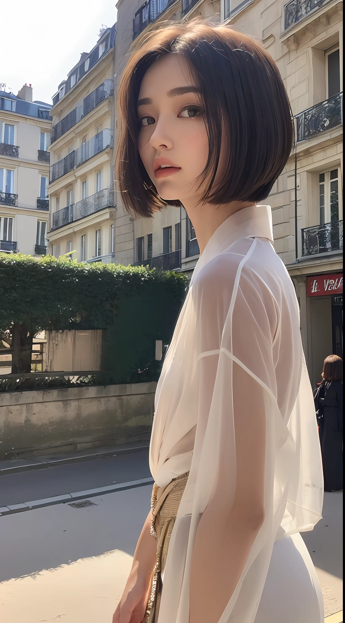 (Top Quality, 16k, Masterpiece: 1.3)), 1 Girl, Sharp Focus: 1.2, Beautiful Women with Perfect Figure: 1.4, Slender Abs: 1.2, (((Short Bob Hair)), ((Small: 1.4)), ((Beautiful Face Idol: 1.3)), (Transparent Fabric Kimono 1.5)), Highly Detailed Face and Skin Texture, Detailed Eyes, Double Eyelids, (((Pause)), (Seductive)), Walking, Paris cityscape, low angle, shot from below