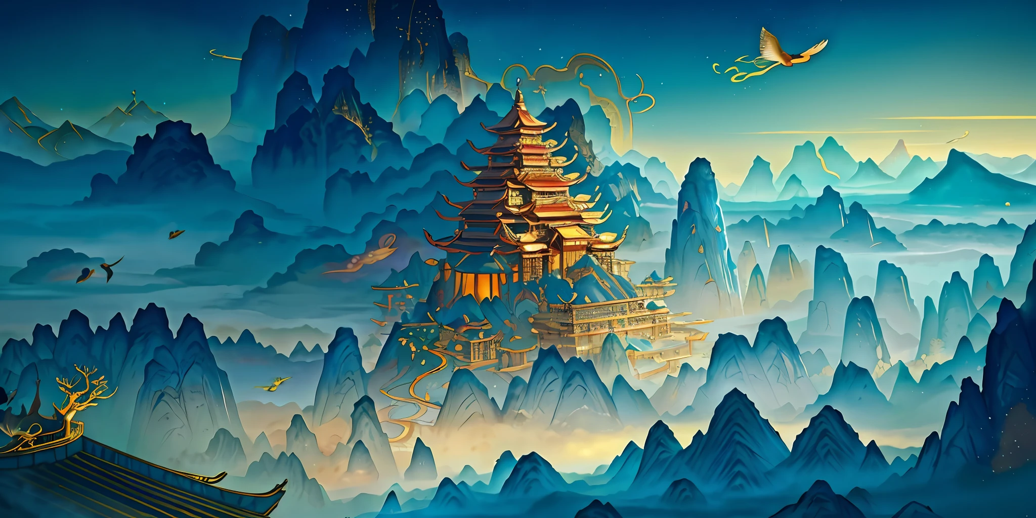 an image of an asian landscape with mountains and birds in the air, in the style of fantastical otherworldly visions, light cyan and gold, intricately mapped worlds, hyperrealistic illustrations, romanticized cityscapes, detailed character illustrations, organic shapes and curved lines, --v6