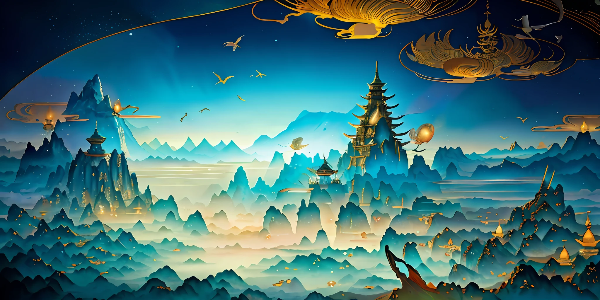 an image of an asian landscape with mountains and birds in the air, in the style of fantastical otherworldly visions, light cyan and gold, intricately mapped worlds, hyperrealistic illustrations, romanticized cityscapes, detailed character illustrations, organic shapes and curved lines, --v6