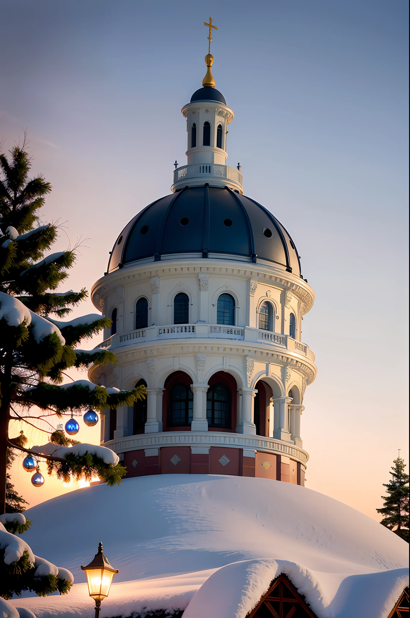 snowy scene of a church with a blue dome and a lit up tree, neoclassical tower with dome, dome of wonders, dome, helsinki, with great domes and arches, rotunda, illinois, domes, glass dome, capitol building, glass domes, utah, lit in a dawn light, iowa, michigan, beautiful lit, pink marble building