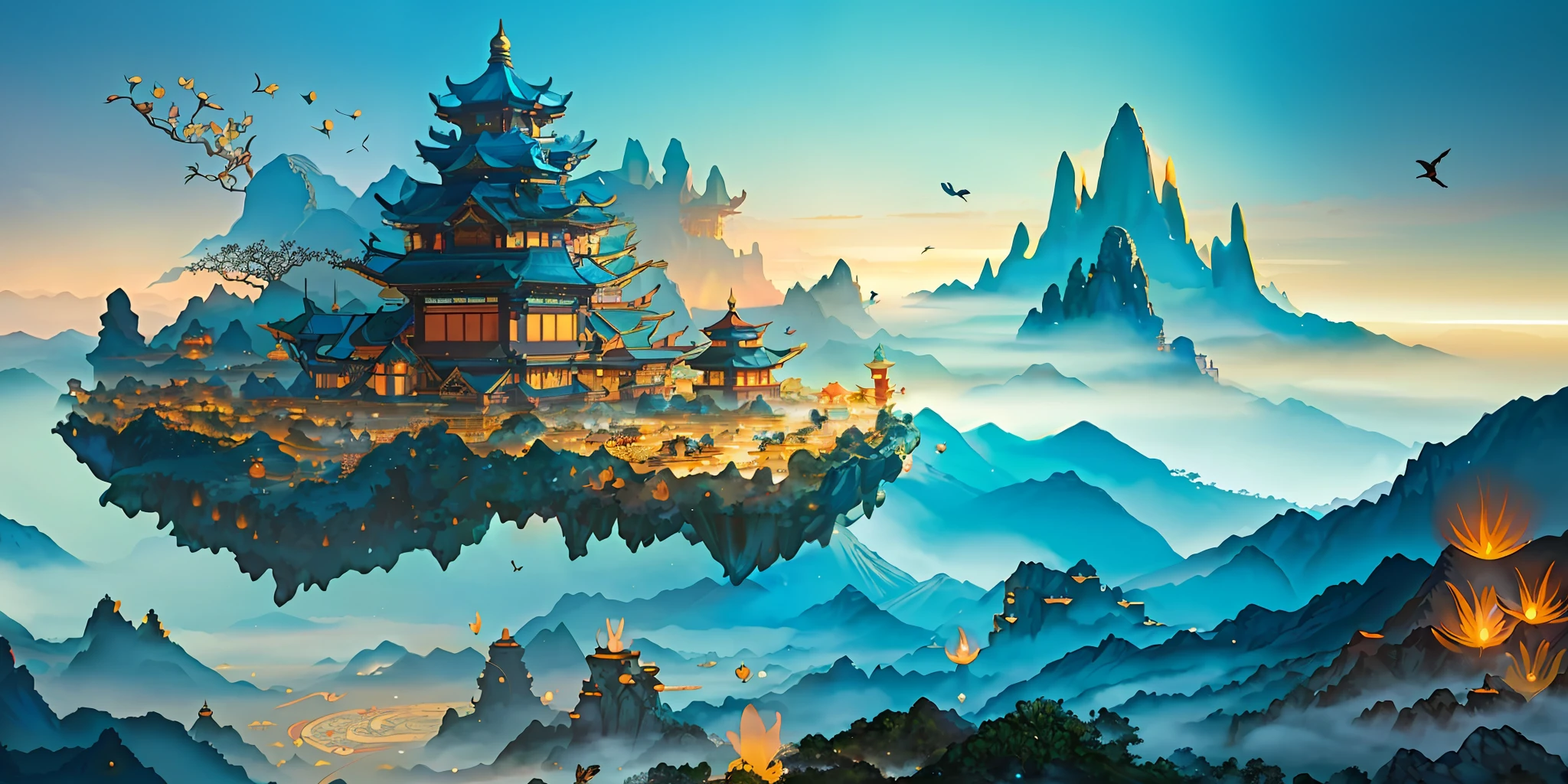 an image of an asian landscape with mountains and birds in the air, in the style of fantastical otherworldly visions, light cyan and gold, intricately mapped worlds, hyperrealistic illustrations, romanticized cityscapes, detailed character illustrations, organic shapes and curved lines, --v6