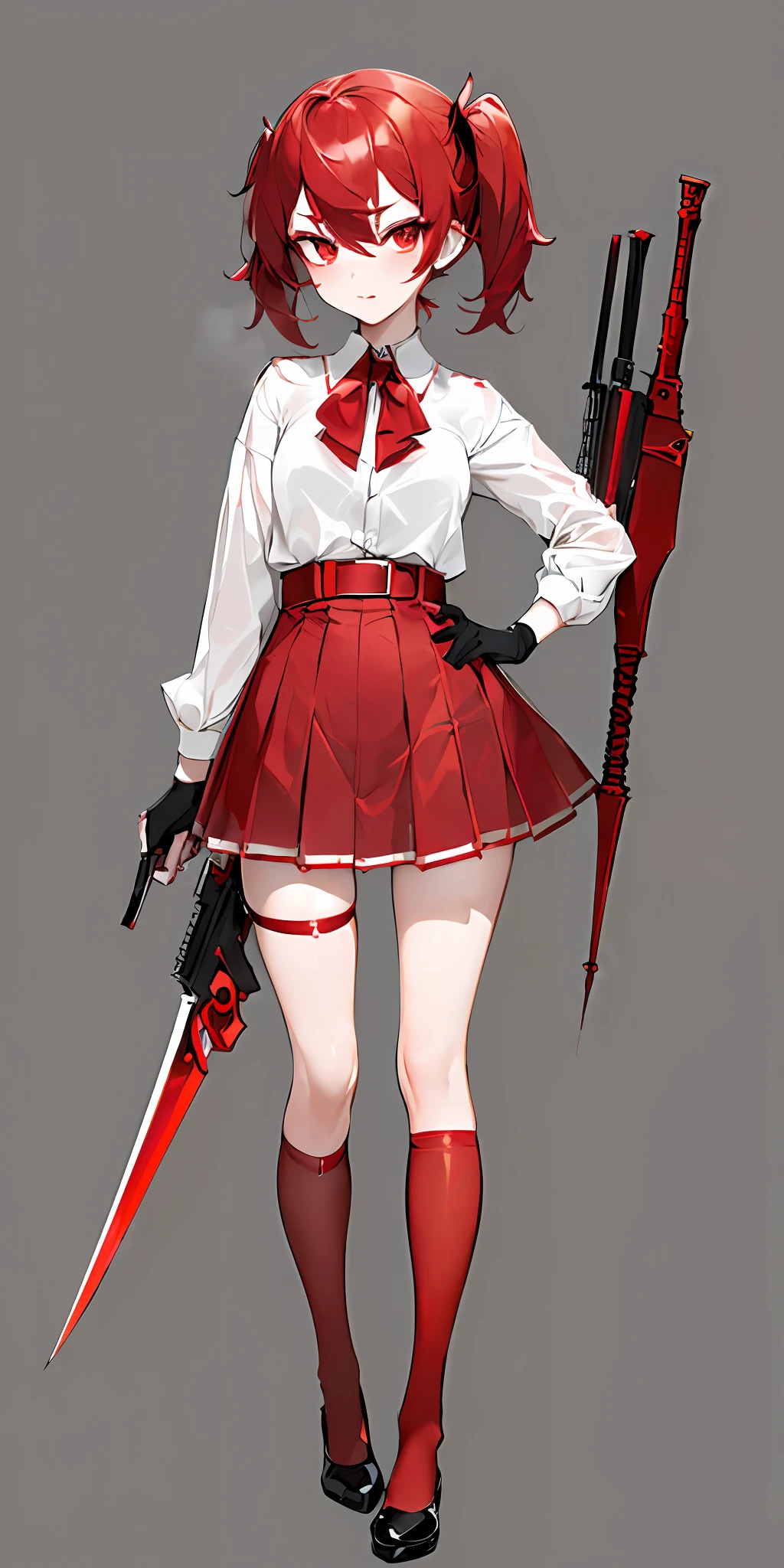 ((vertical eyeliner: 1.1) + (red stockings: 1.1 + ultra-short red frame skirt: 1.2) + (leg line: 1.3)) handheld weapon, cute style, candy tone, head down, mist surrounding, ((weapon: