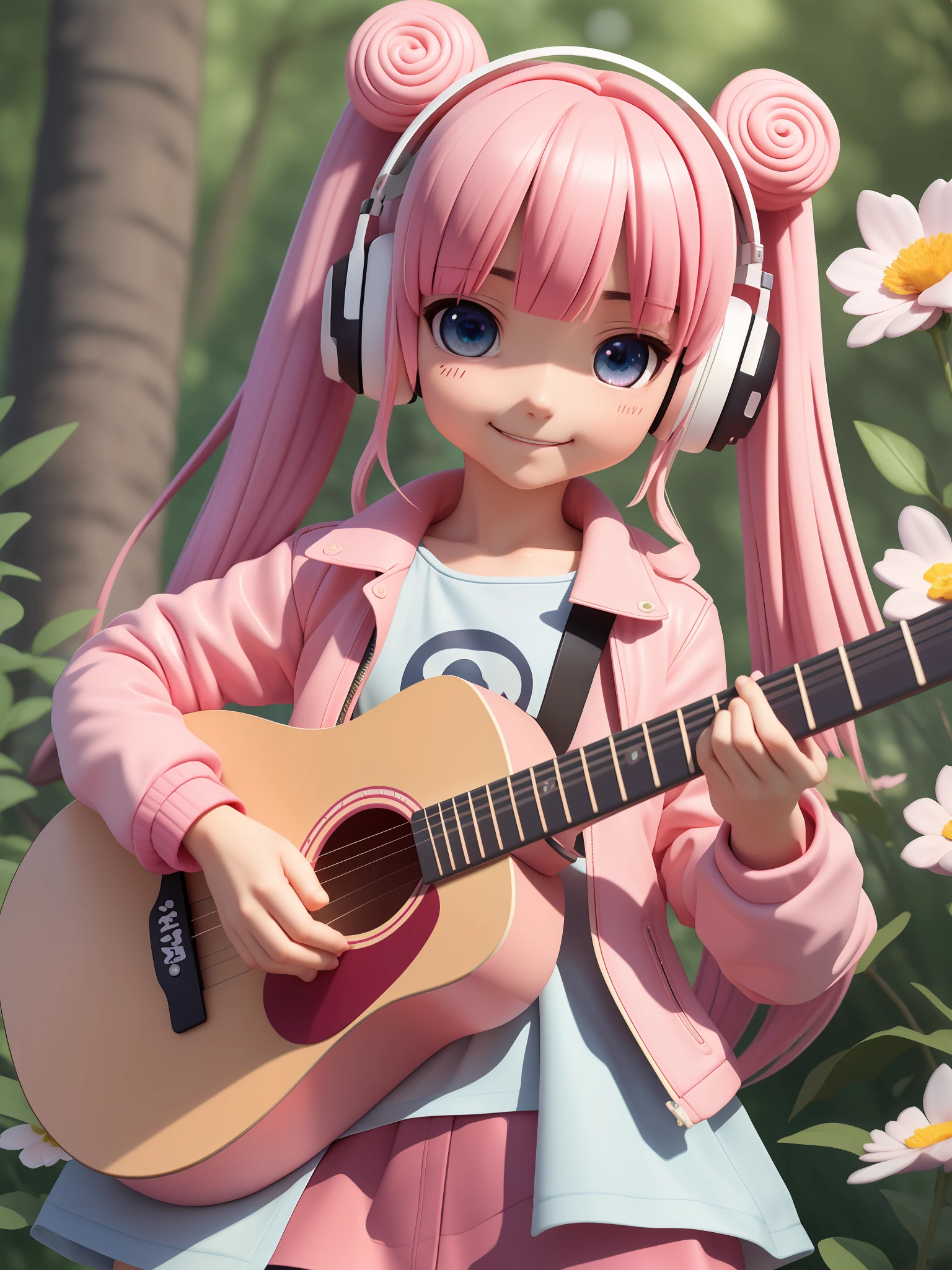anime style by Hayao Miyazaki and Makoto Shinkai, ultra detailed 1 very cute blueyed chibi girl smiling with bright eyes with pink hair and blushed, flower, outdoors, playing guitar, music, holding guitar, leather jacket, :3, shirt, long pinkhair in one side ponytail, pine trees, pink hair, blushed, long sleeves, bangs, headphones, flowers, beautiful detailed face, high resolution, 32k resolution, best quality