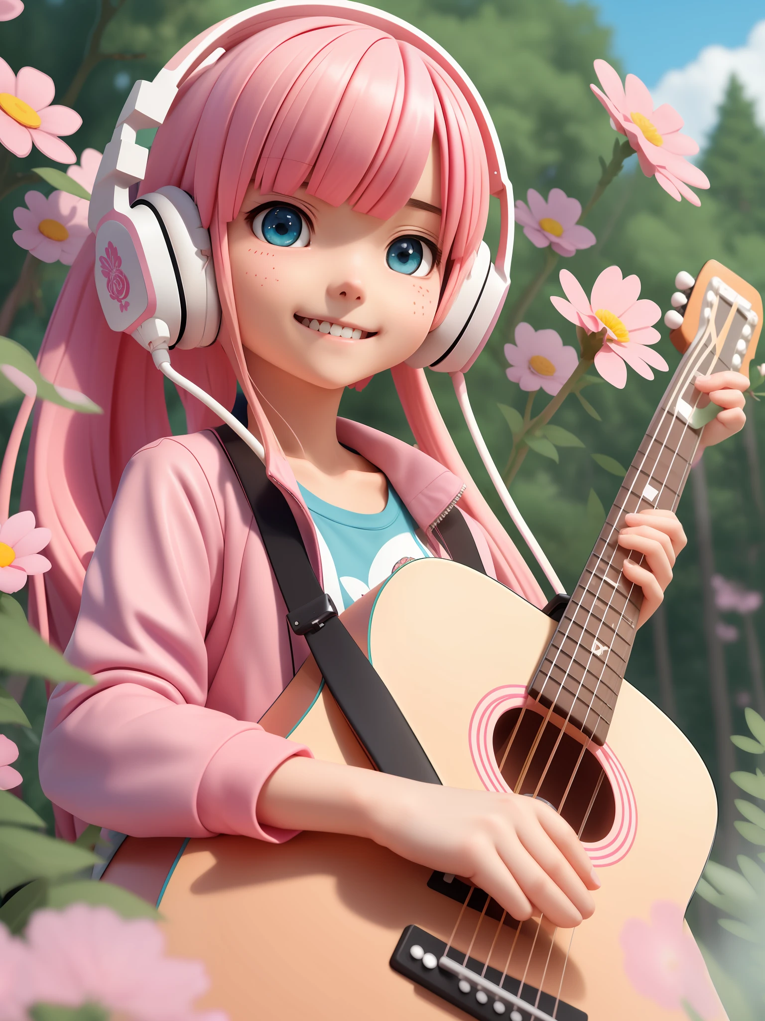 anime style by Hayao Miyazaki and Makoto Shinkai, ultra detailed 1 very cute blueyed chibi girl smiling with bright eyes with pink hair and blushed, flower, outdoors, playing guitar, music, holding guitar, leather jacket, :3, shirt, long pinkhair in one side ponytail, pine trees, pink hair, blushed, long sleeves, bangs, headphones, flowers, beautiful detailed face, high resolution, 32k resolution, best quality