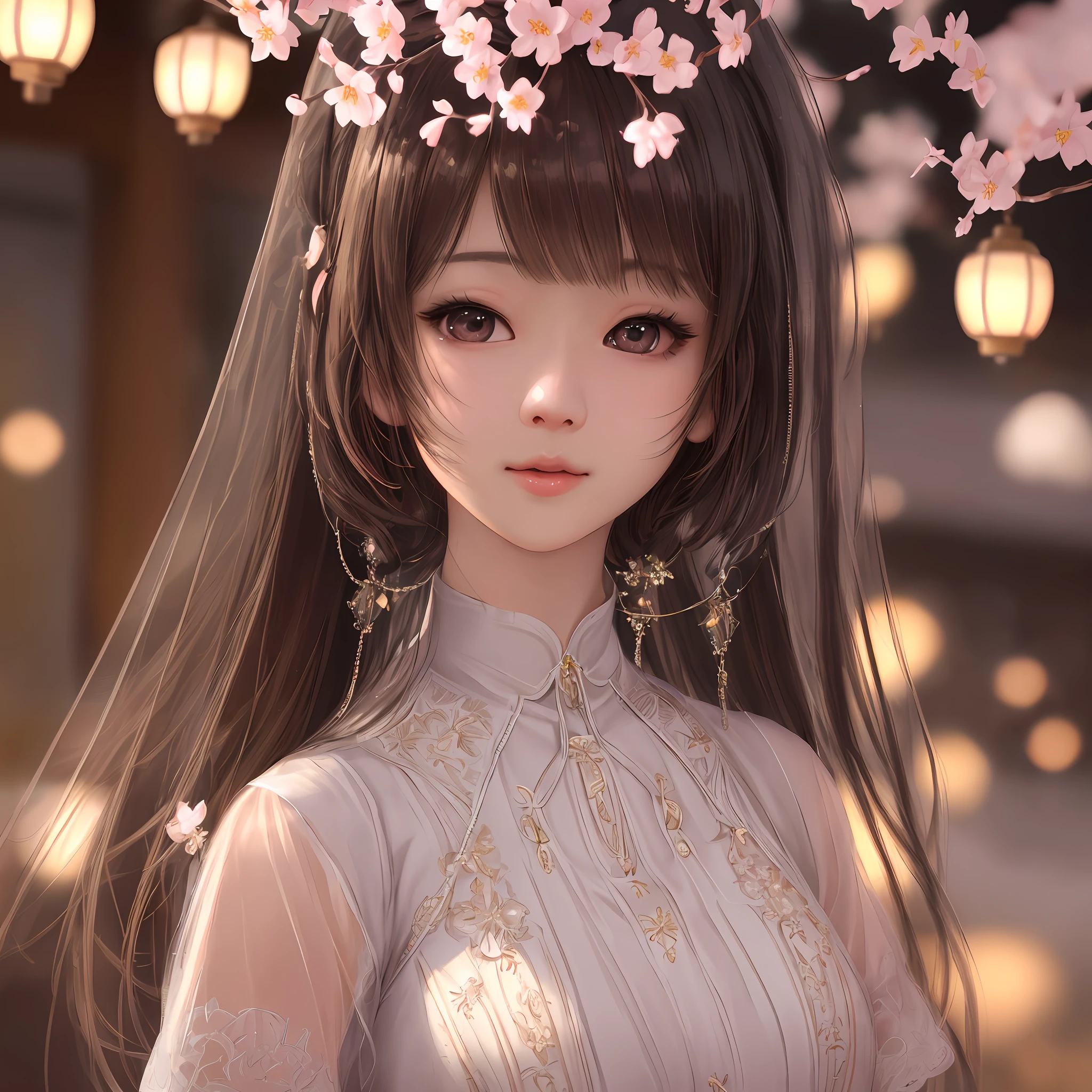(ulzzang-6500-v1.1:0.8),(raw photo:1.2),((photorealistic:1.4)),(upper body),best quality,masterpiece,very delicate and beautiful,very detailed,CG,unity,8k wallpaper,stunning,fine details,masterpiece,best quality,official art,extremely detailed CG unified 8k wallpaper,ridiculous, Unbelievable ridiculous, huge file size, super detailed, high resolution, very detailed, beautiful detailed girl, very detailed eyes and face, beautiful detailed eyes, light on face, movie lights, 2 girls, looking at the audience, East Asian architecture, (blurred background: 1.2), cherry blossoms, lantern lights, depth of field,