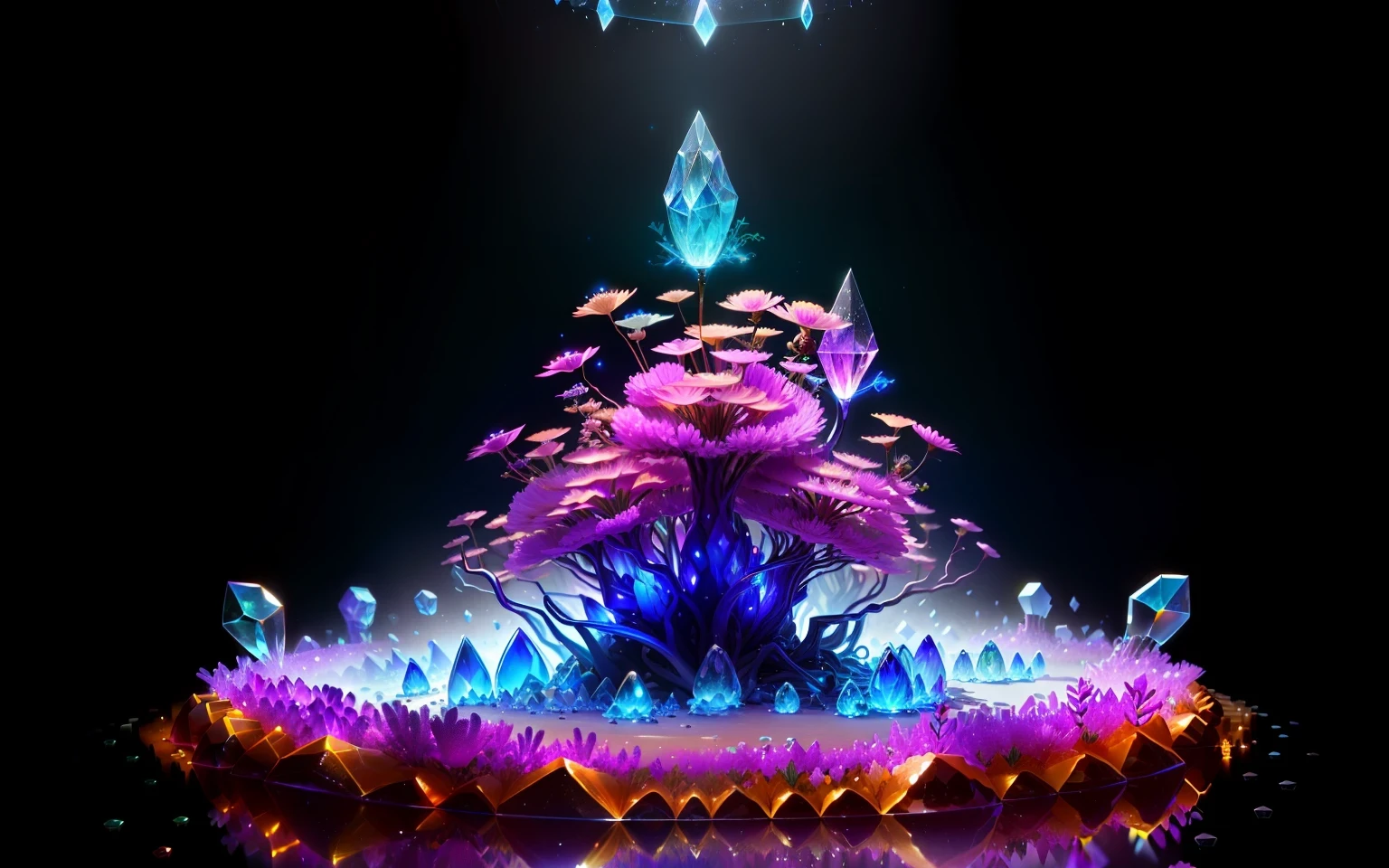 Glass anthill, inside ants with crystal bellies, fantasy style, background flowers, highlights, high resolution, magic 3D