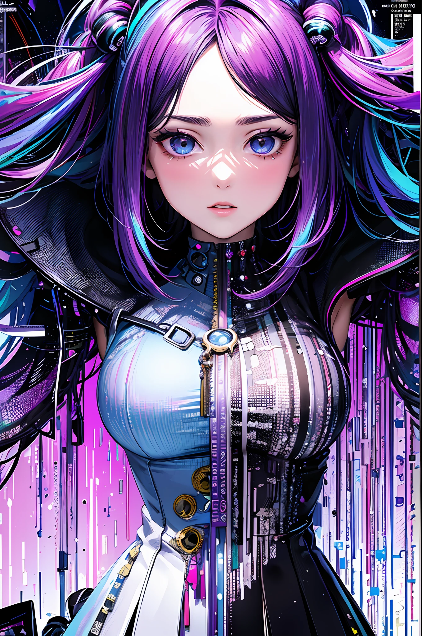 (masterpiece, top quality, best quality, official art, beautiful and aesthetic:1.2), 1girl, glitch art, (digital distortion), pixelated fragments, data corruption,colorful noise, visual chaos,contemporary aesthetics