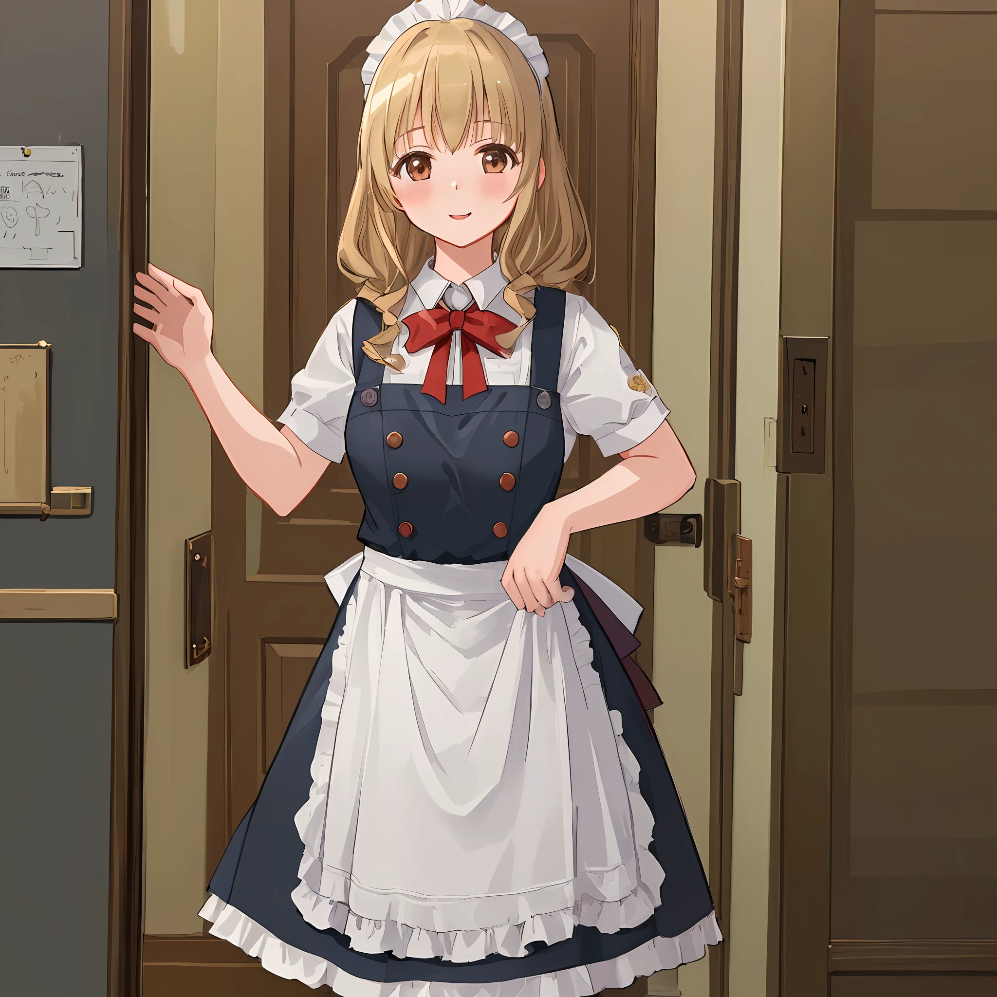 ((masterpiece, highest quality)), super detailed, highly detailed CG Unity 8k wallpaper, licoris recoil, solo, 1 girl, Takina Inoue, in apron, entrance, welcome,