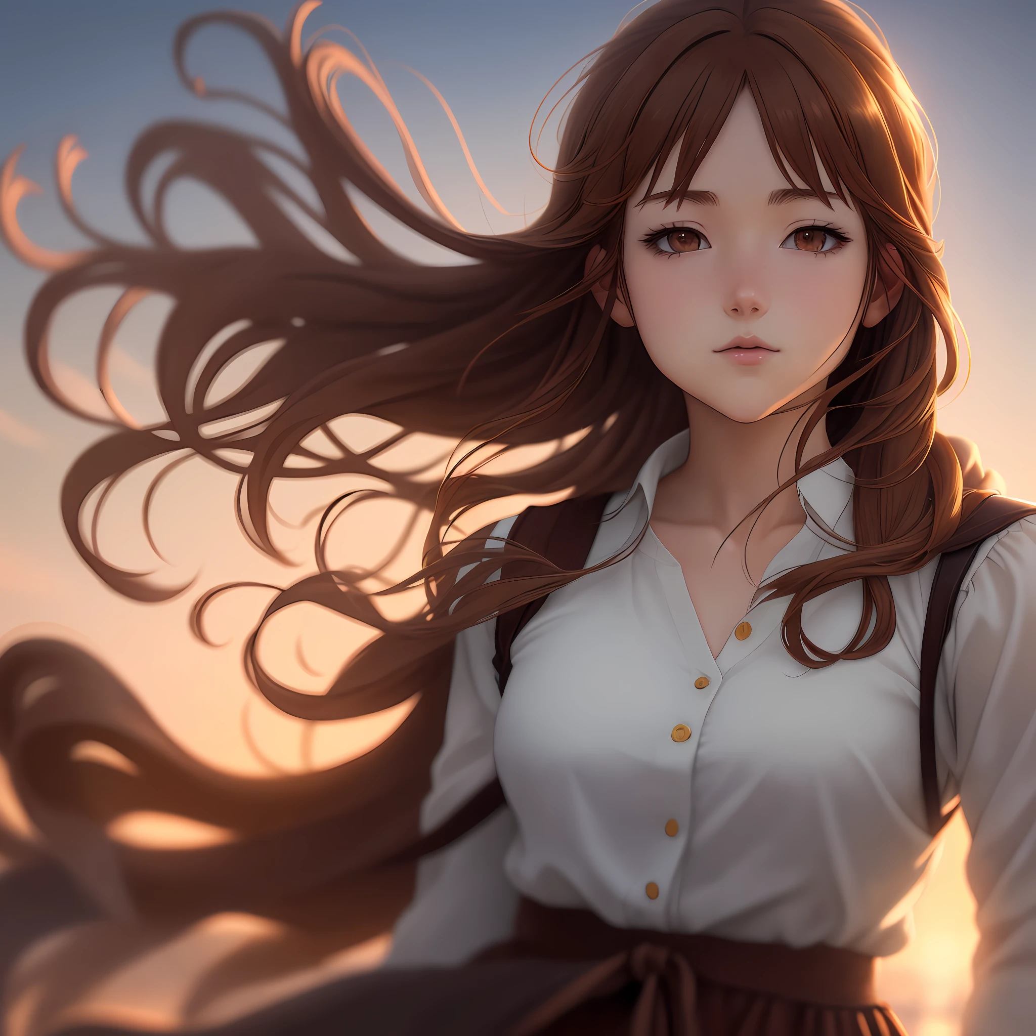 A beautiful anime character, brown hair, light brown hair, atmospheric perspective, Eye-Level Shot, f/1.2, f/2.8, UHD, masterpiece, super detail, high details, high quality, award winning, best quality