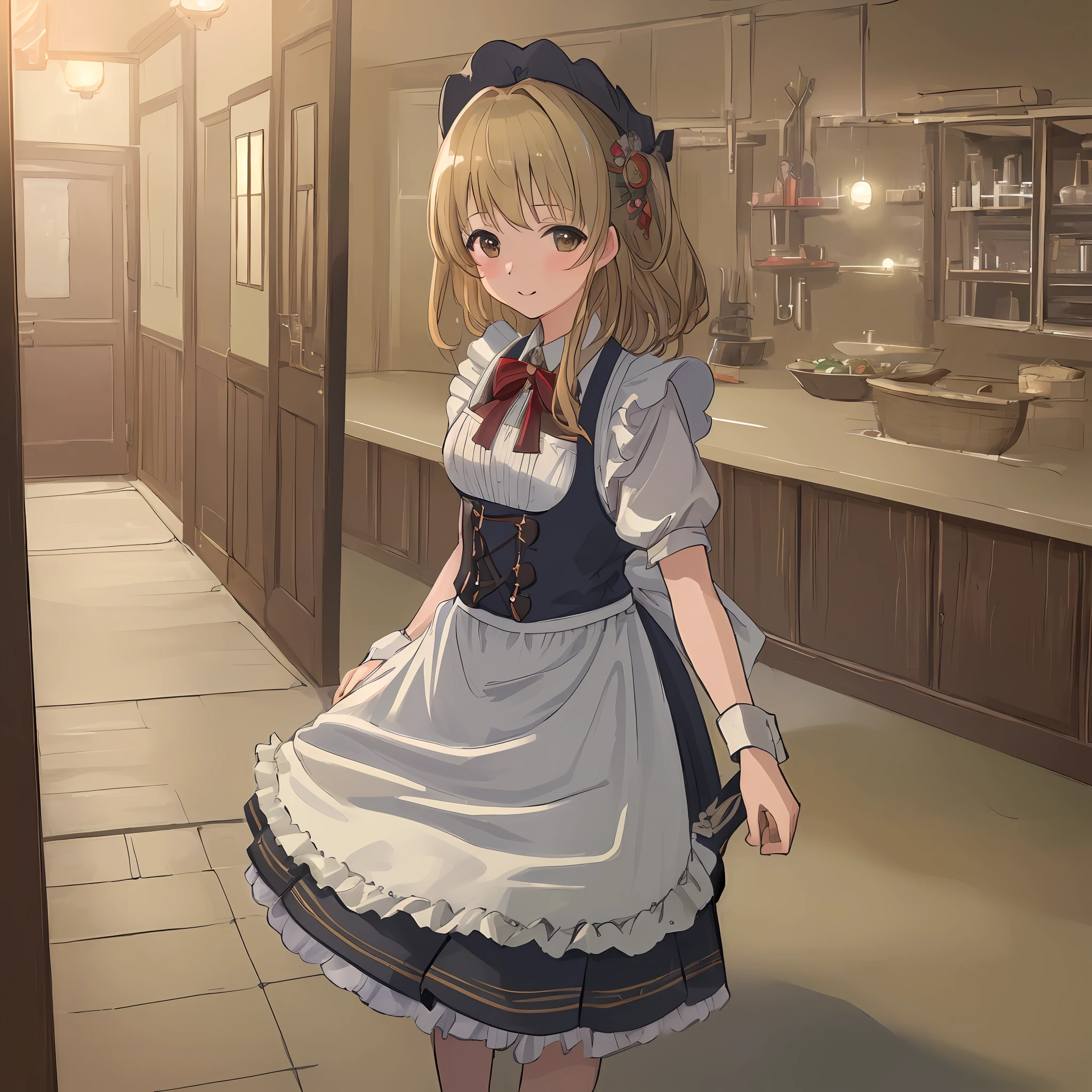 ((masterpiece, highest quality)), super detailed, highly detailed CG Unity 8k wallpaper, licoris recoil, solo, 1 girl, Takina Inoue, in apron, entrance, welcome,