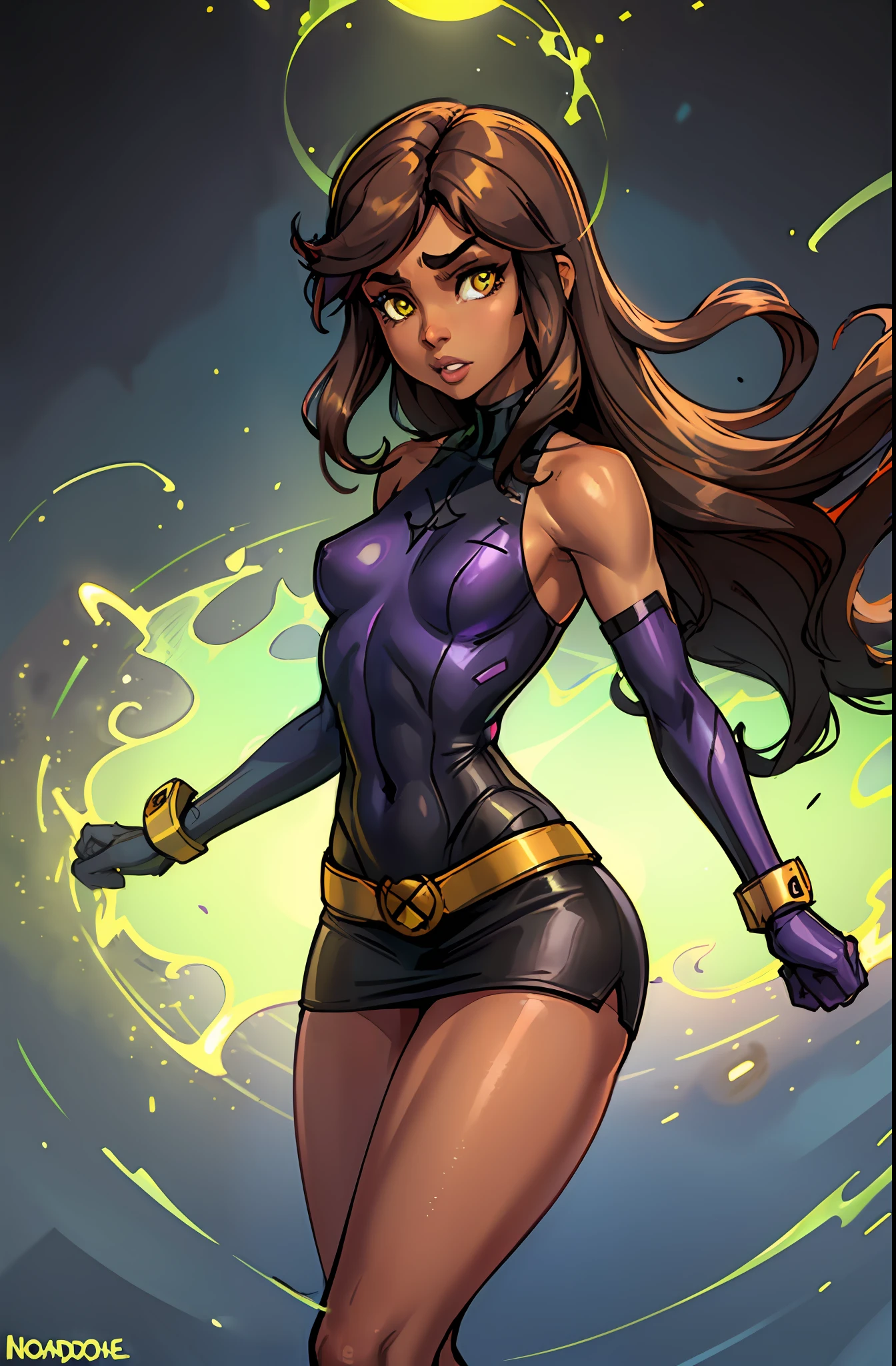 1girl (shadowcat, kitty pryde), absurd, close up, masterpiece, brown eyes, fair skin, long brown hair, small , toned body, yellow and black costume showing shoulders, highres, (skirt), looking at the viewer, solo, dark background, dancing on a strip cgght, bar