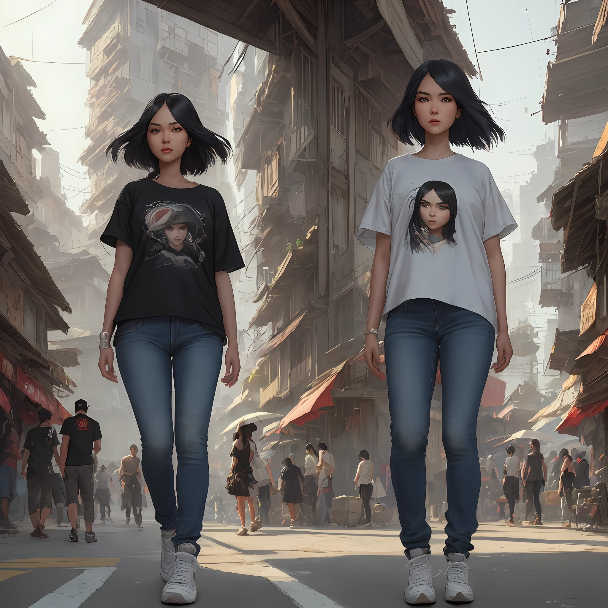 worms eye camera view of a full head to feet view, full head showing, elegant Filipina, wearing sneakers in hiphop, rugged jeans, an outfit in the street of Manila, cute fine face, rounded eyes, digital painting, fan art, pixiv, by Ilya Kuvshinov, katsuhiro otomo ghost-in-the-shell, magali villeneuve, artgerm, Jeremy Lipkin and Michael Garmash and Rob Rey slum background from Payatas