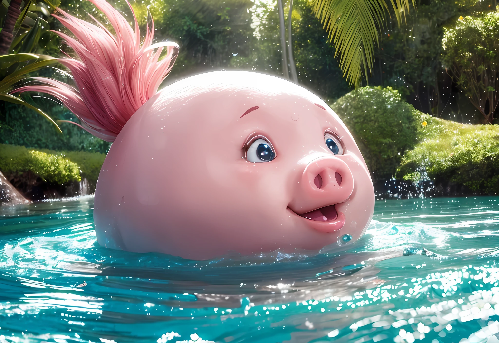 there is a pig that is swimming in water, pink character, cute pig, realistic CGI, photorealistic cgi, CG art, CGI movie, animated movie, professional CGI, amazing cgi, piggy, hyper-realistic cgi, animated movie, 3d cg cinematic water scene, 3d cg