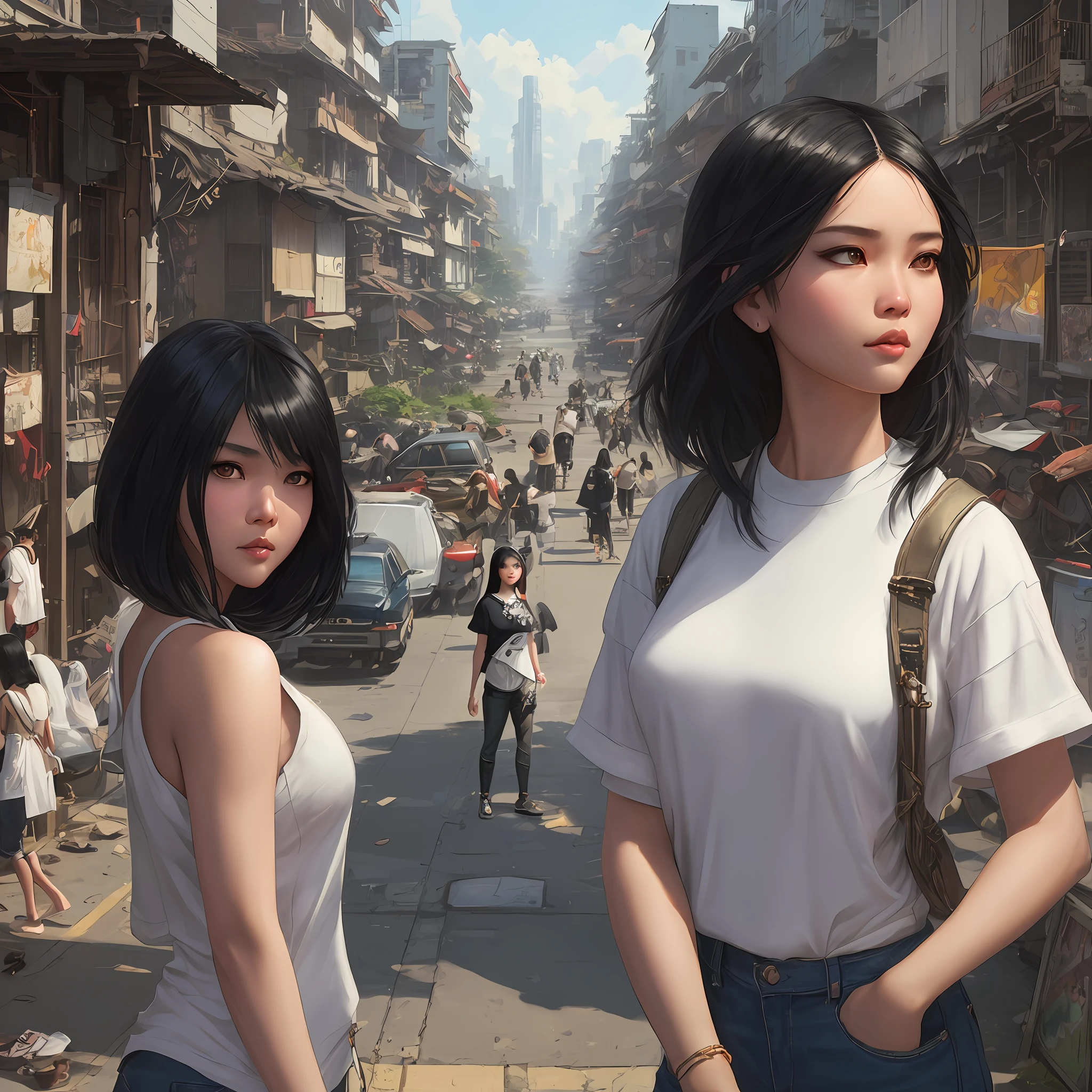 worms eye camera view of a full head to feet view, full head showing, elegant Filipina, wearing sneakers in hiphop, rugged jeans, an outfit in the street of Manila, cute fine face, rounded eyes, digital painting, fan art, pixiv, by Ilya Kuvshinov, katsuhiro otomo ghost-in-the-shell, magali villeneuve, artgerm, Jeremy Lipkin and Michael Garmash and Rob Rey slum background from Payatas