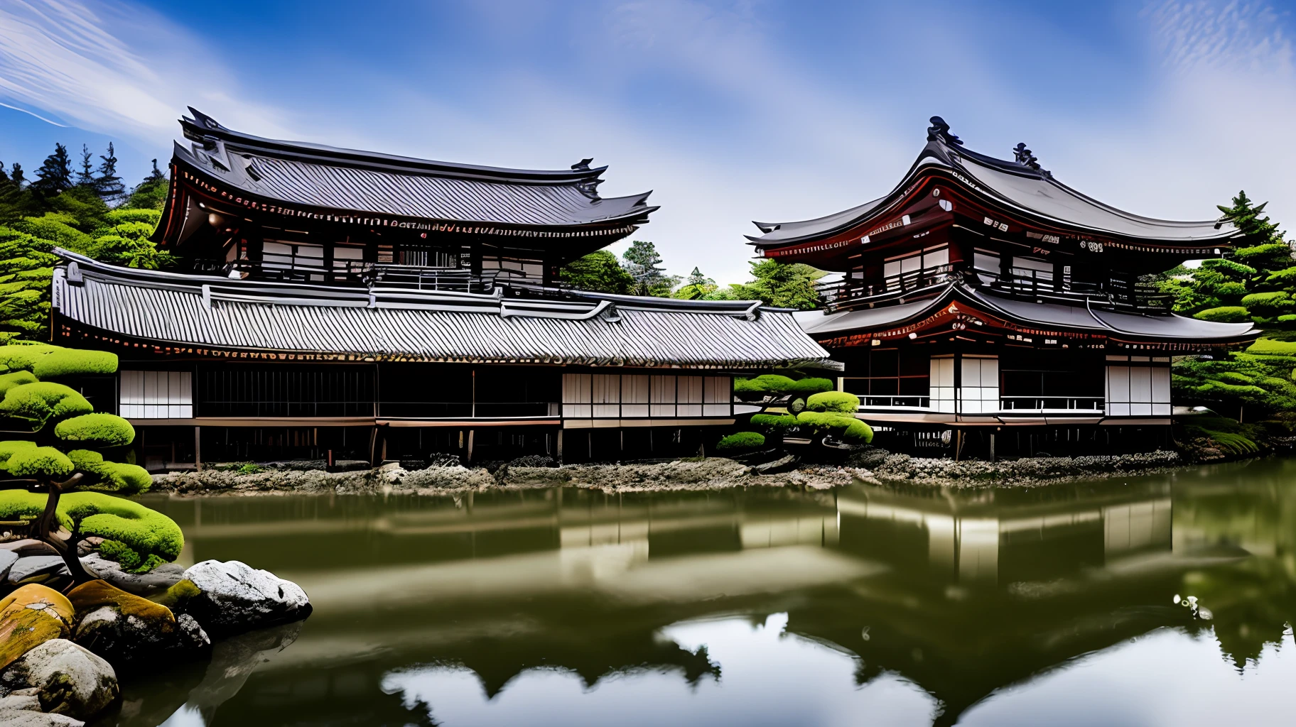 Old Japanese house at river side , Ultra-Wide Angle, chromatic aberration, glowing light, super detail, award winning, best quality, highres, 16k, 8k