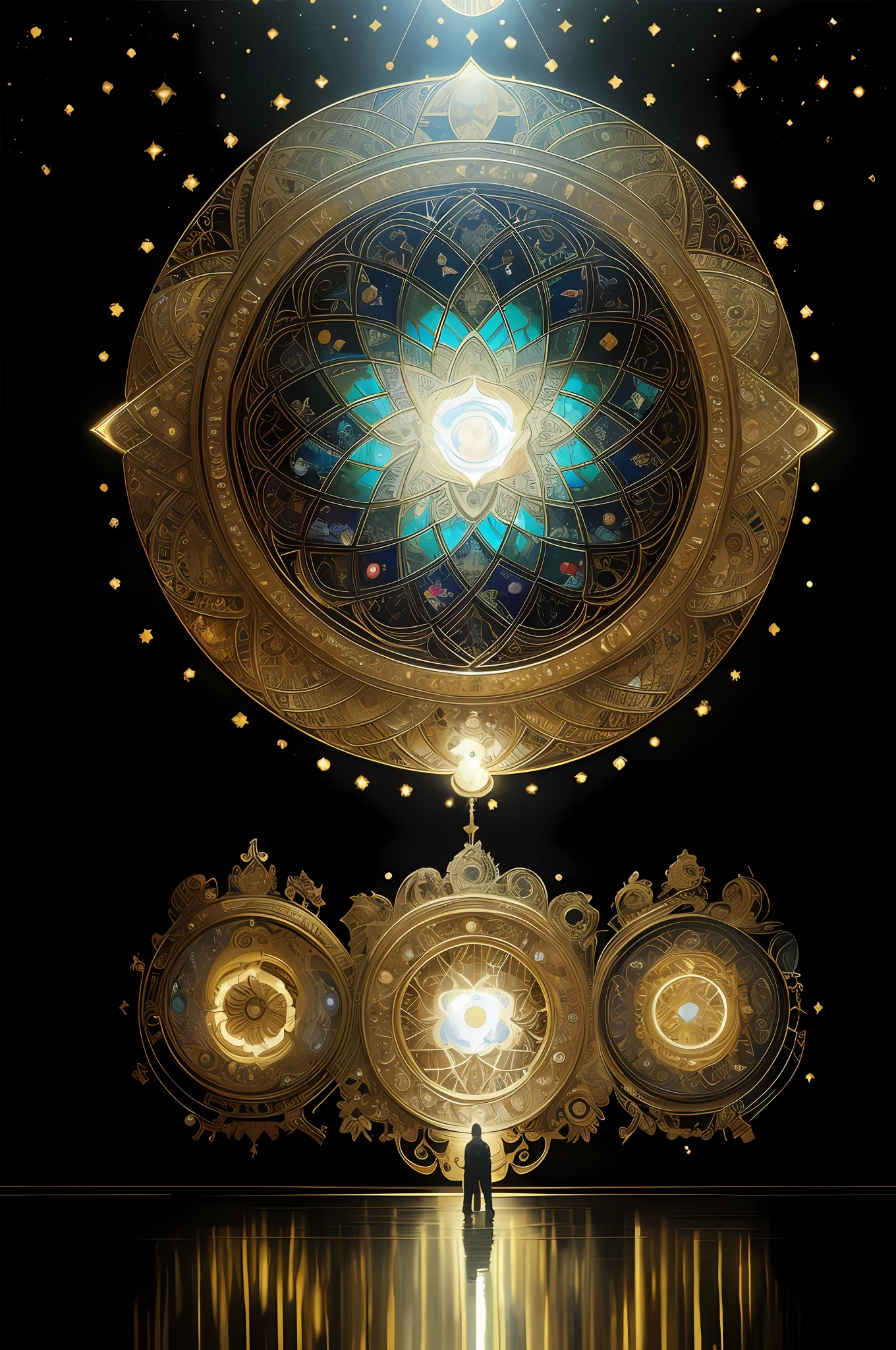 there is a man standing in front of a large mirror, ornate gilded cosmic machine, enlightenment. intricate, beeple and alphonse mucha, ornate galactic gold, painting of ornate space ship, kris kuksi, baroque painting. star lit sky, sergey vasnev, dan mcpharlin : : ornate, refik anadol, alexey egorov