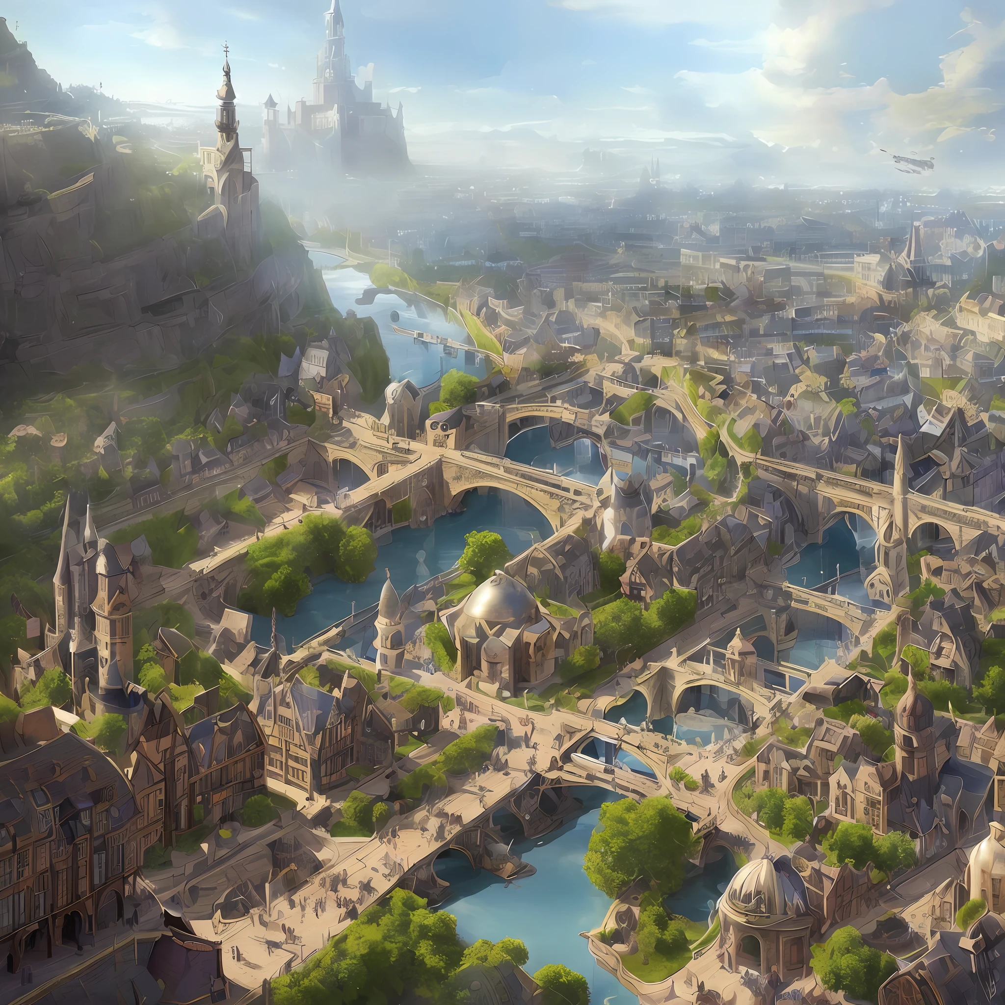 there is a painting of a town with a bridge and a river, Parisian architecture , domes, French fantasy town, market and stores, people, trees and plants, rain, reflections, dirt, fantasy town setting, steampunk villages castles, by Aleksander Gine, senior concept artist, andreas rocha style, detailed digital concept art, flintlock fantasy capital city, a bustling magical town, ancient steampunk city, victorian steampunk city vista, beautiful 3 d concept art