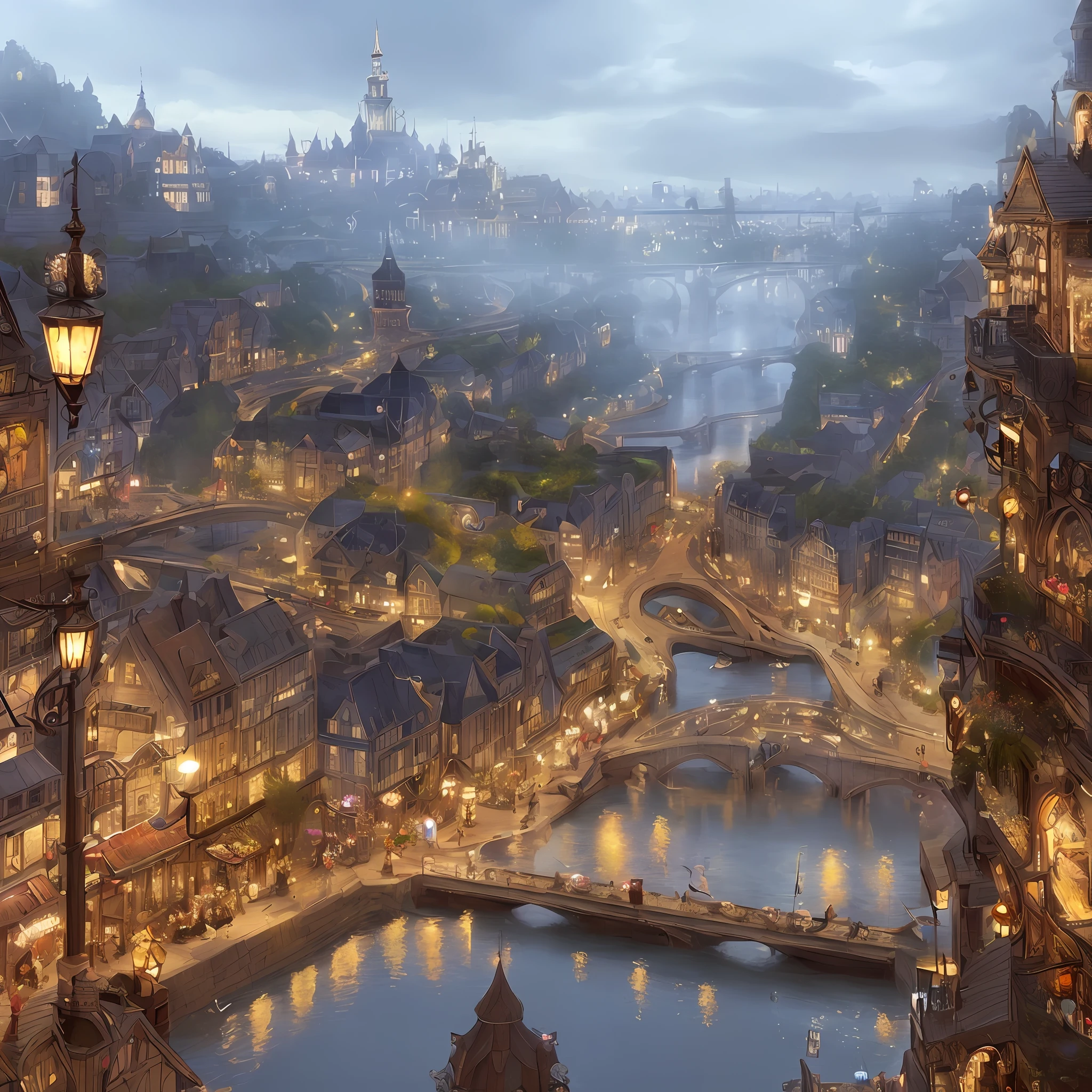 there is a painting of a town with a bridge and a river, Parisian architecture , domes, French fantasy town, market and stores, people, trees and plants, rain, reflections, dirt, fantasy town setting, steampunk villages castles, by Aleksander Gine, senior concept artist, andreas rocha style, detailed digital concept art, flintlock fantasy capital city, a bustling magical town, ancient steampunk city, victorian steampunk city vista, beautiful 3 d concept art